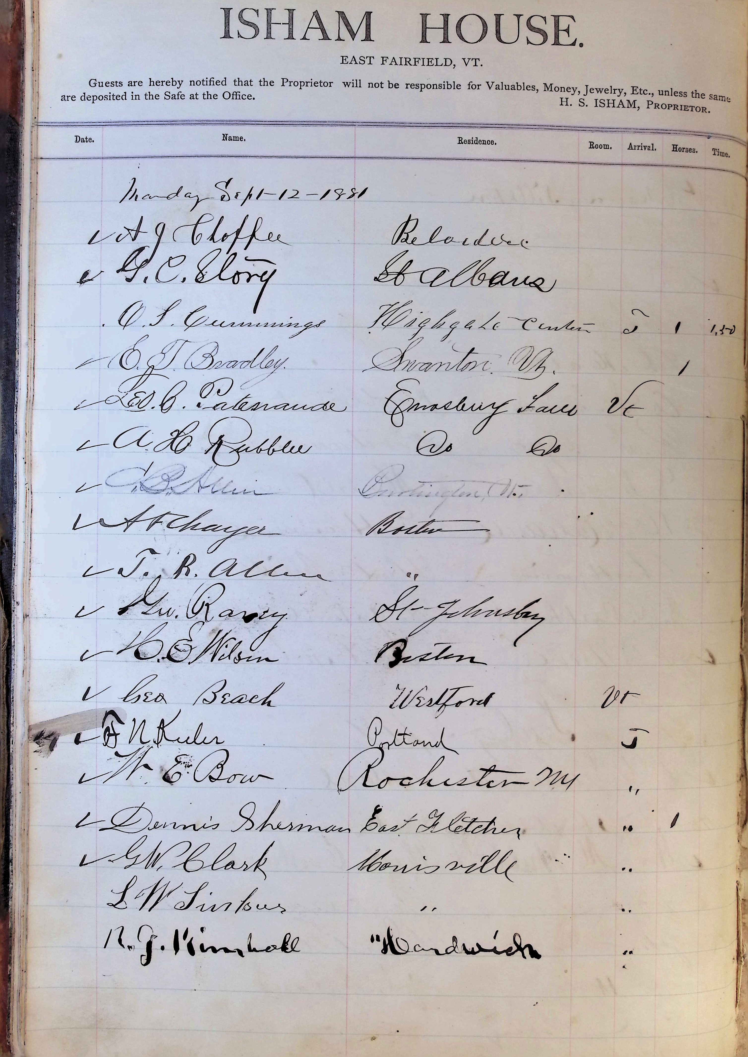 Isham Hotel register Vol. 1, Page 14