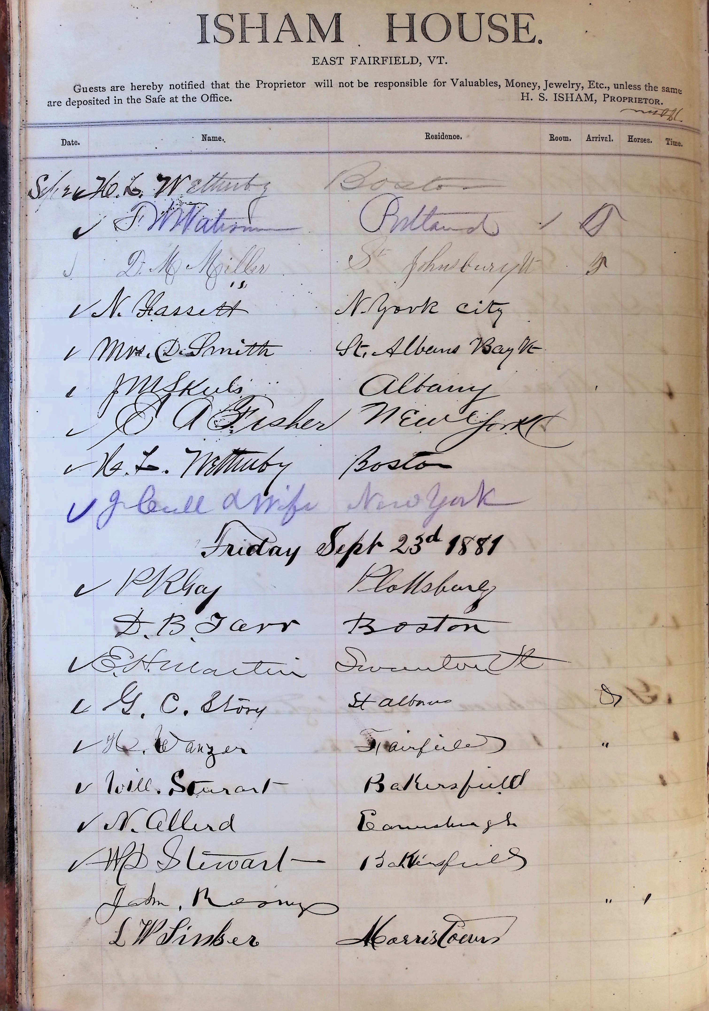 Isham Hotel register Vol. 1, Page 16