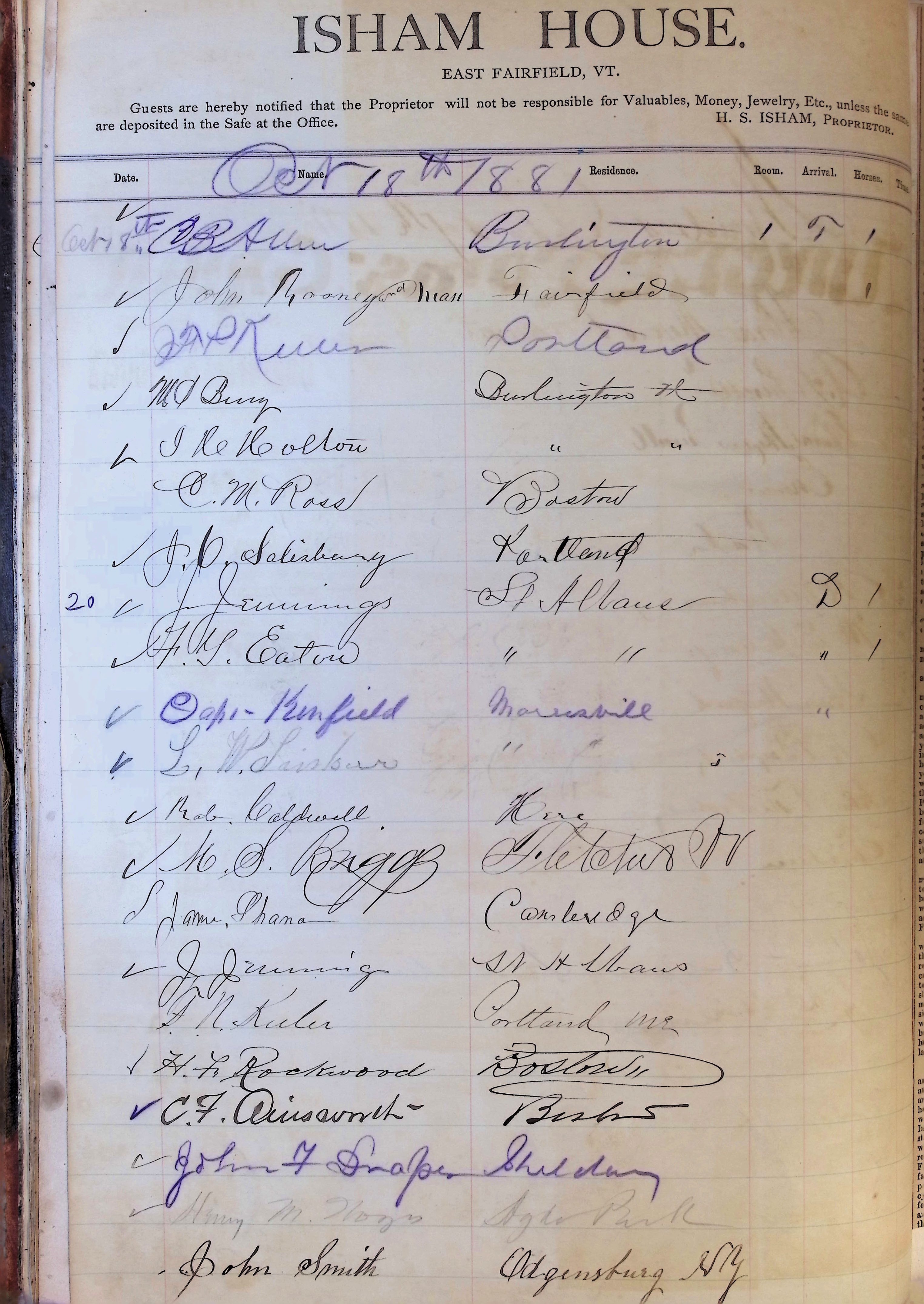 Isham Hotel register Vol. 1, Page 24