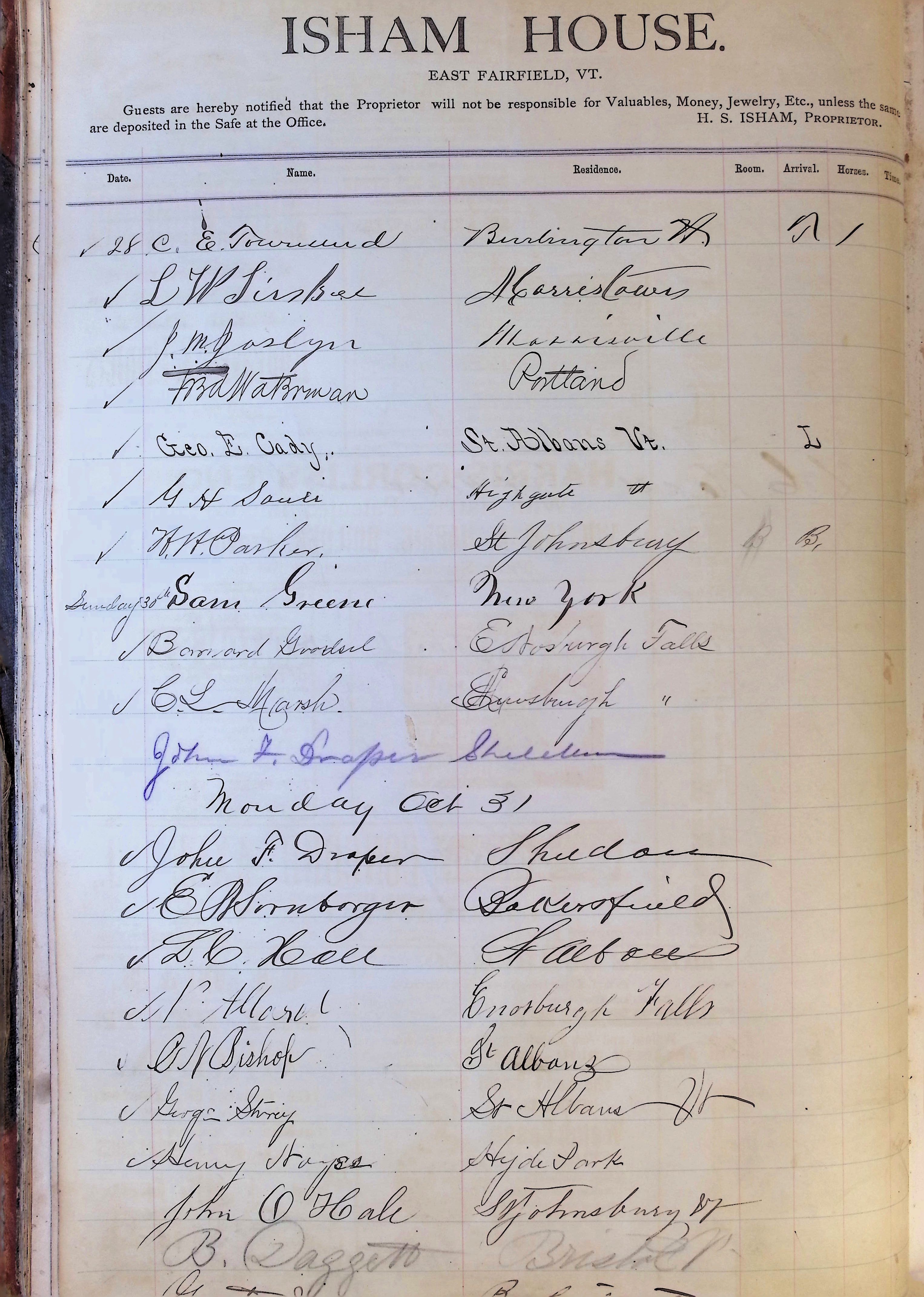 Isham Hotel register Vol. 1, Page 28