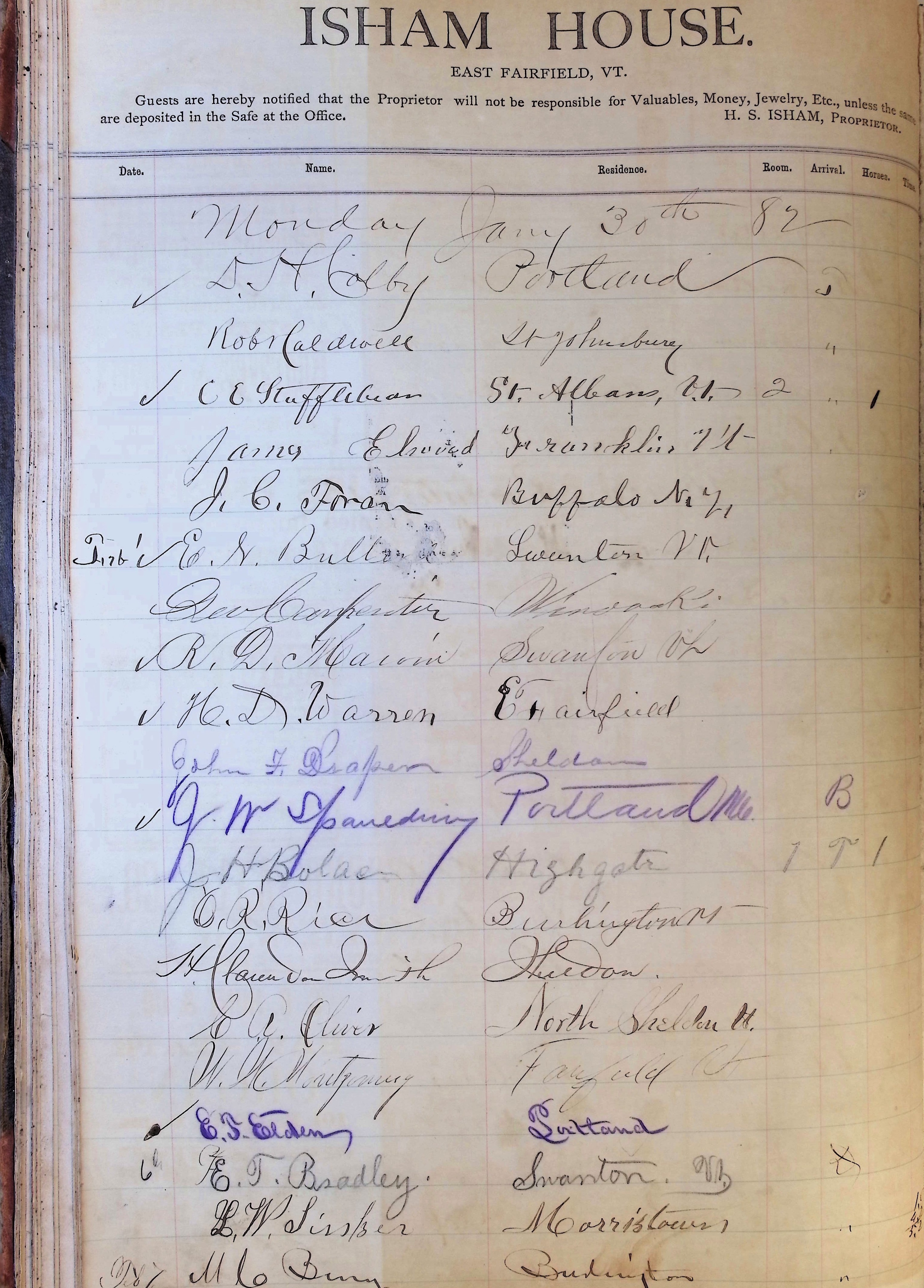 Isham Hotel register Vol. 1, Page 56