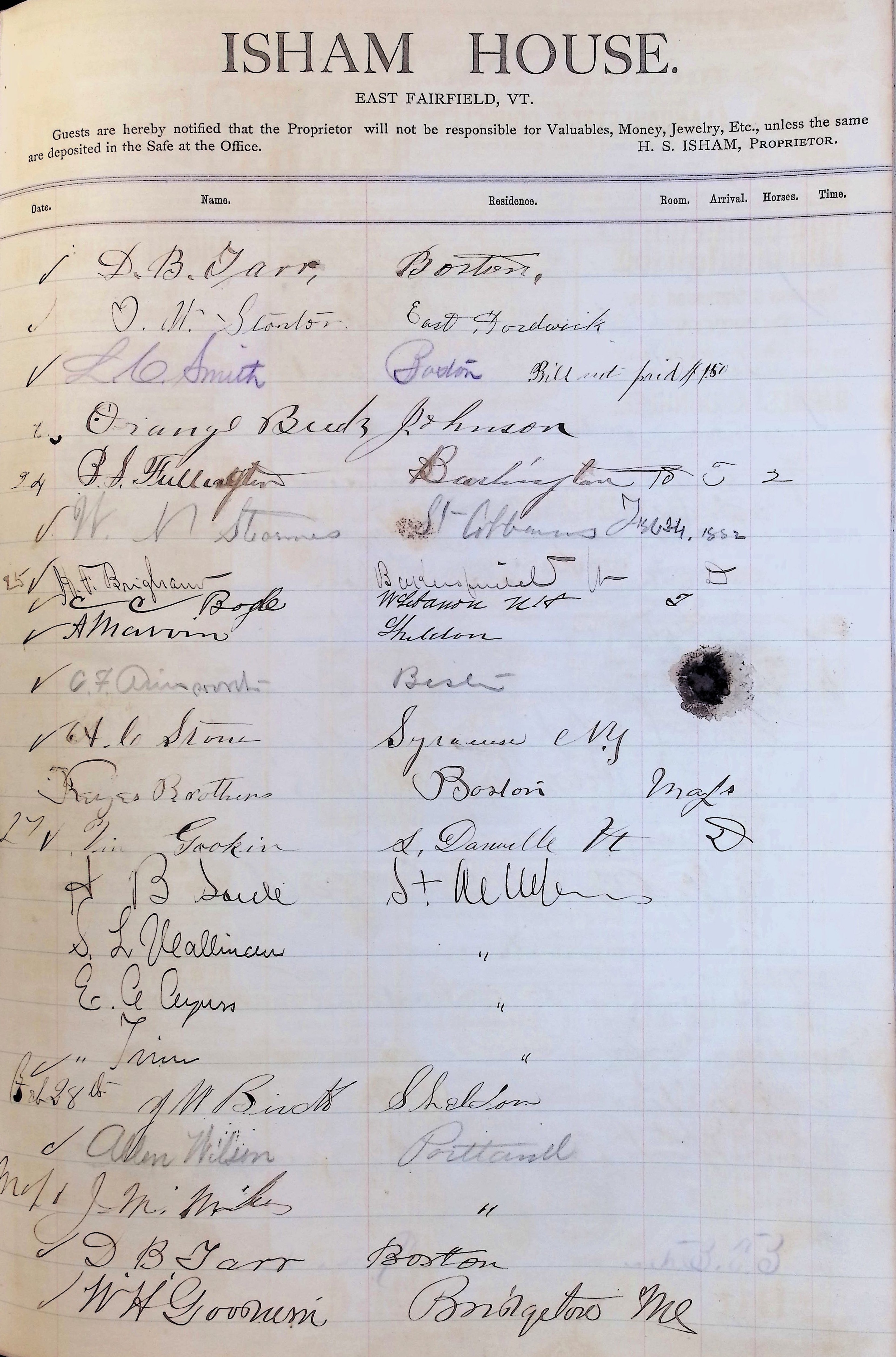 Isham Hotel register Vol. 1, Page 61