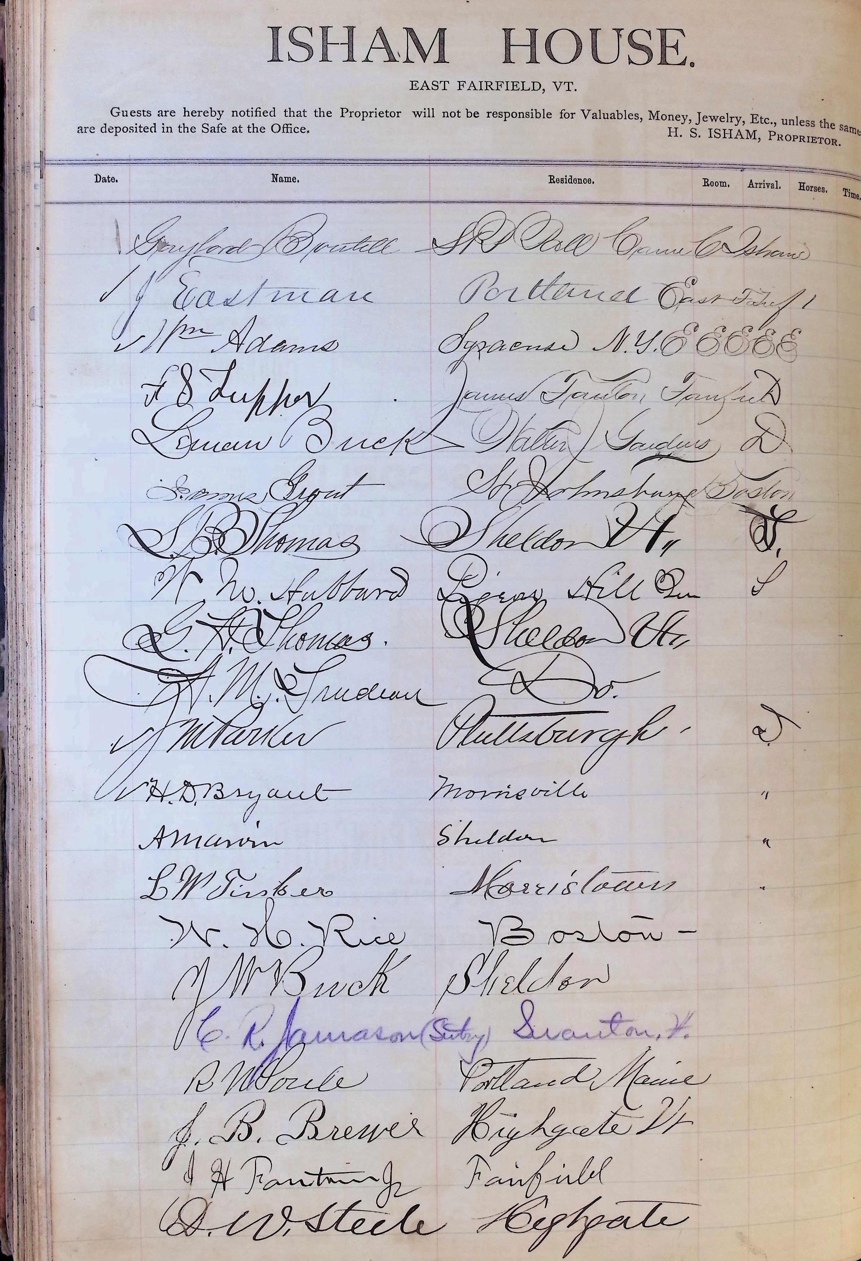 Isham Hotel register Vol. 1, Page 92