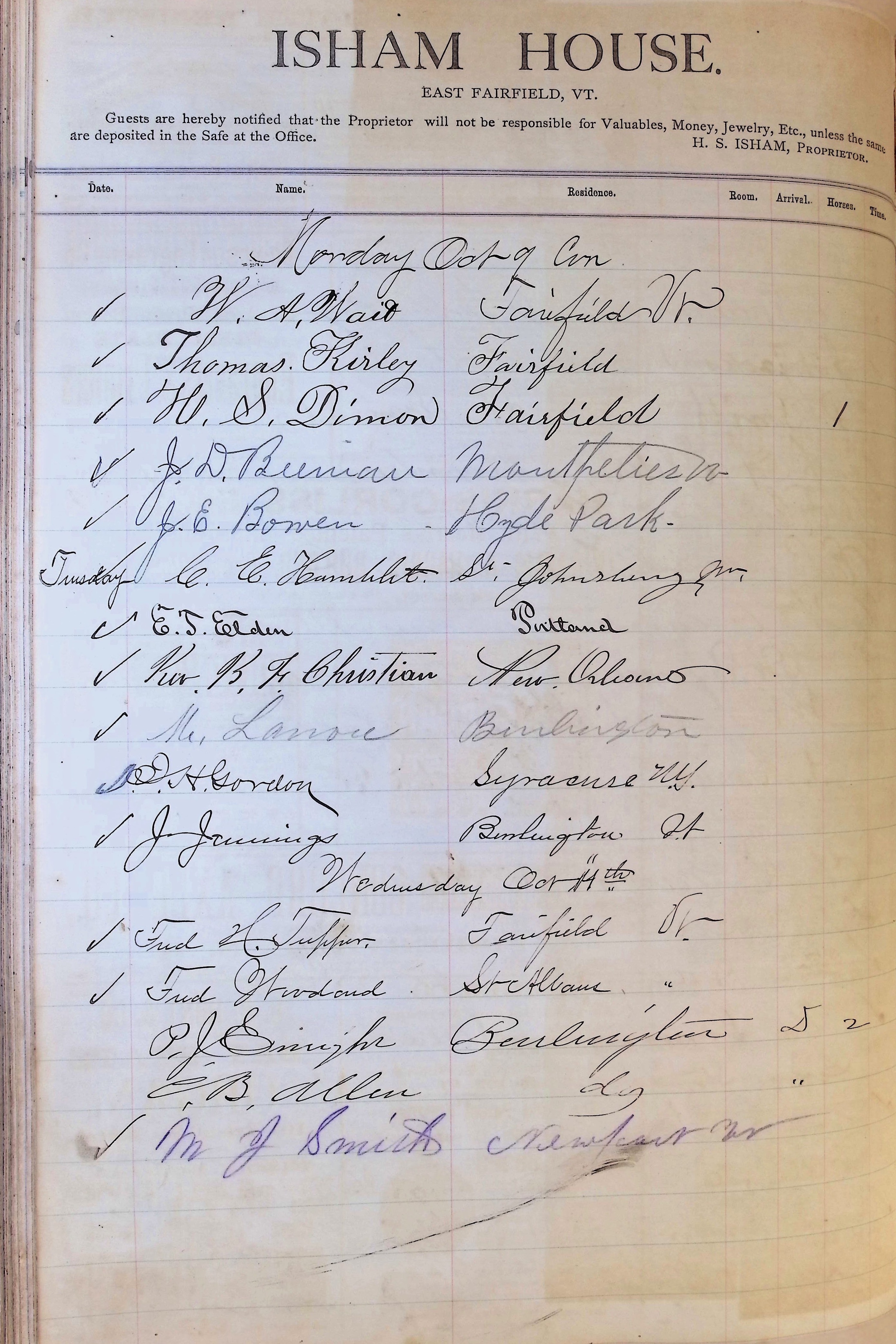 Isham Hotel register Vol. 1, Page 96