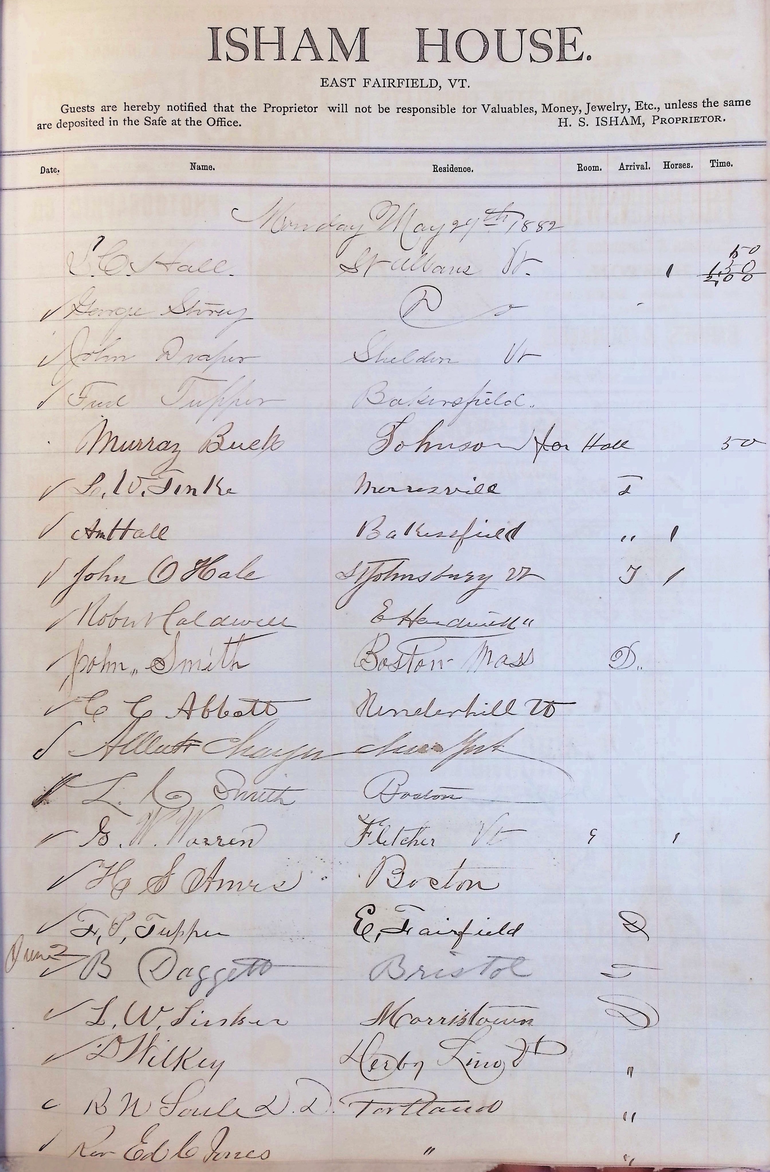 Isham Hotel register Vol. 1, Page 97