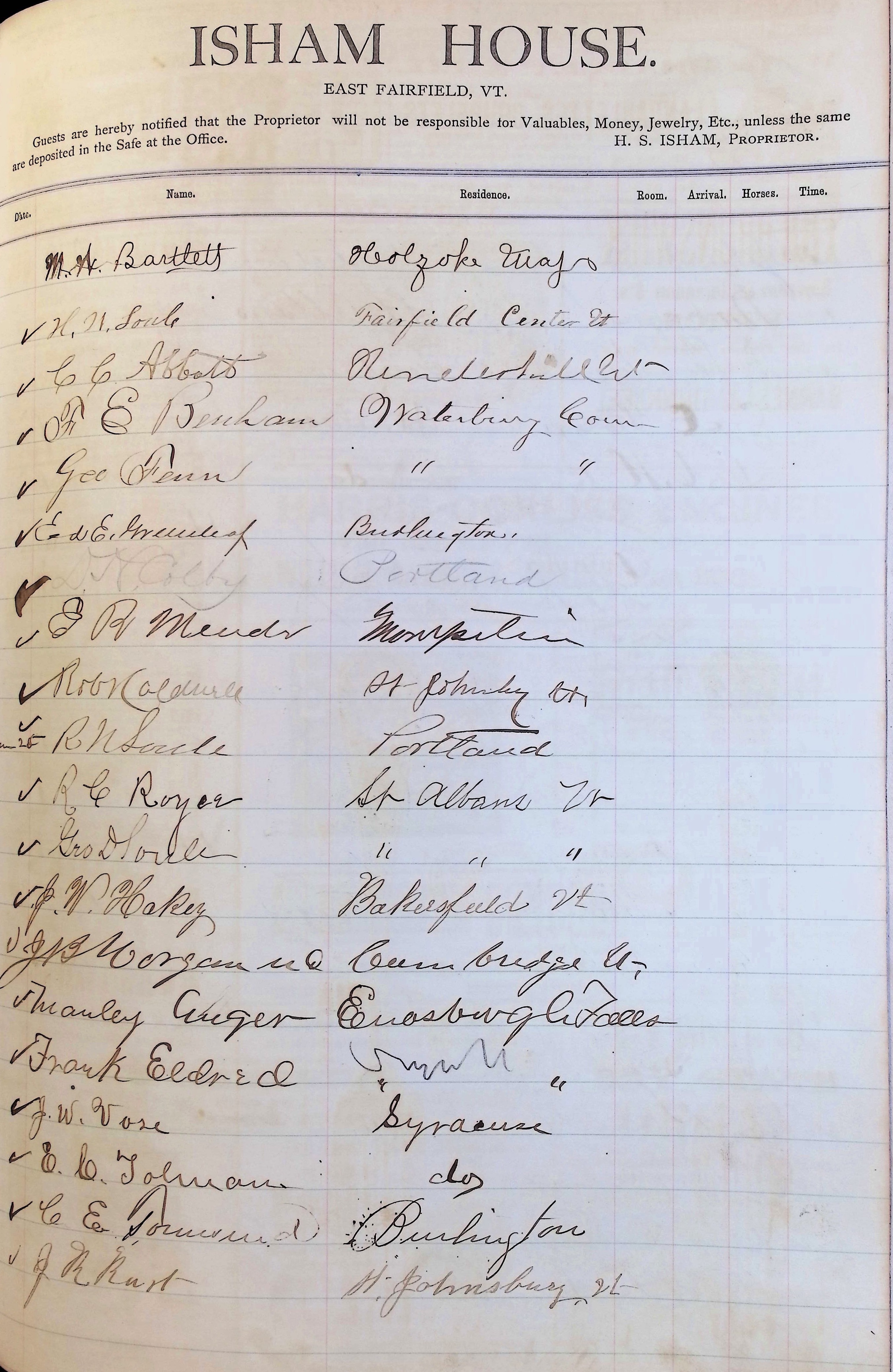 Isham Hotel register Vol. 1, Page 105