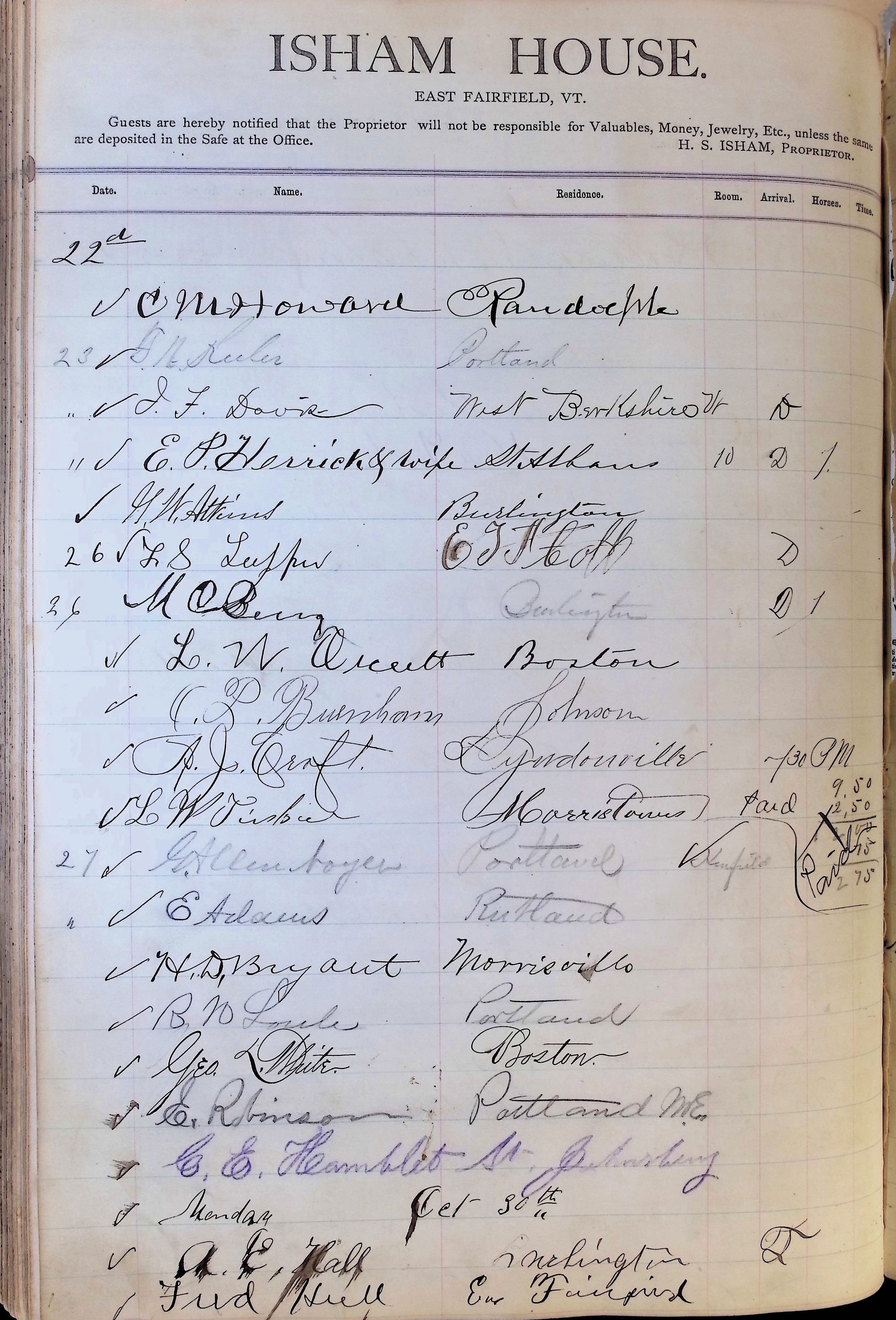 Isham Hotel register Vol. 1, Page 109