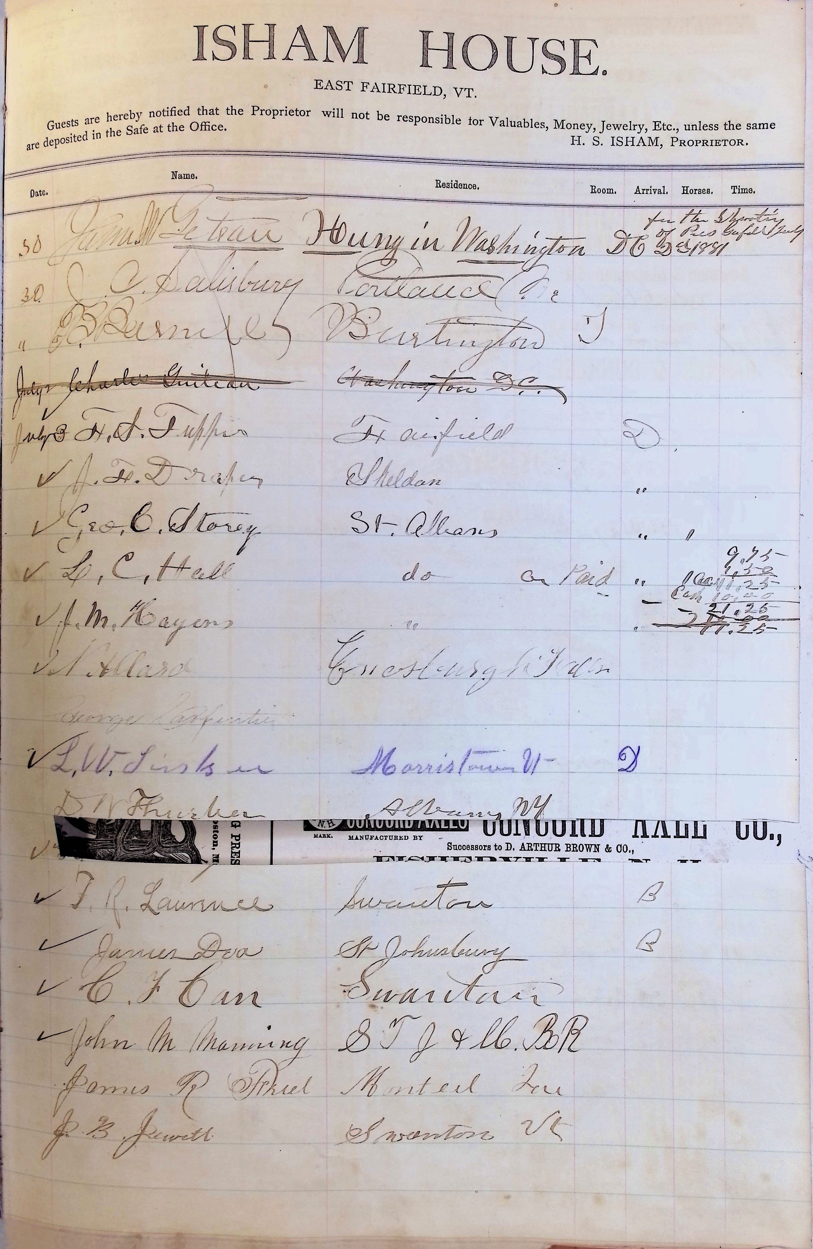 Isham Hotel register Vol. 1, Page 112