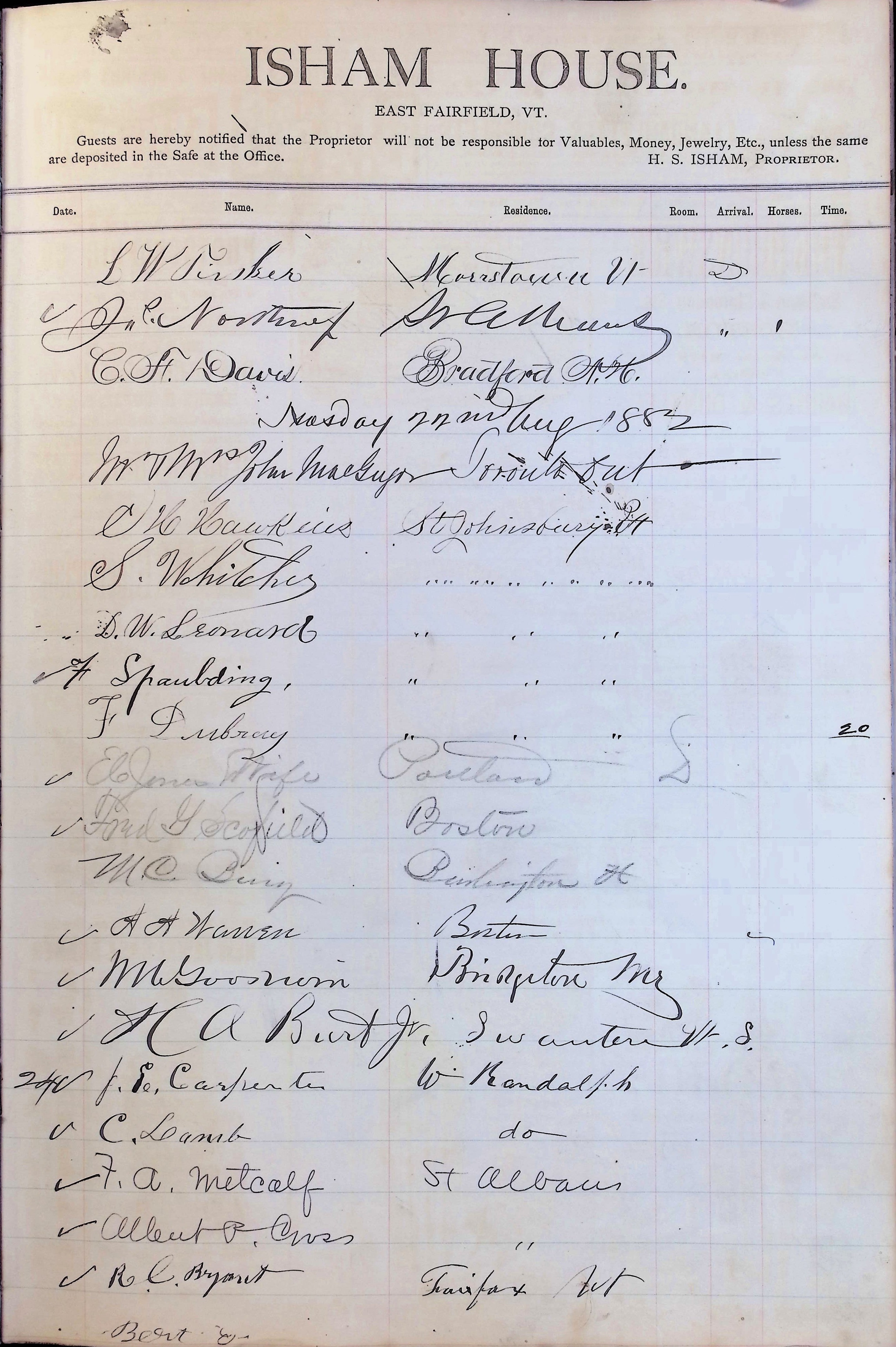 Isham Hotel register Vol. 1, Page 138