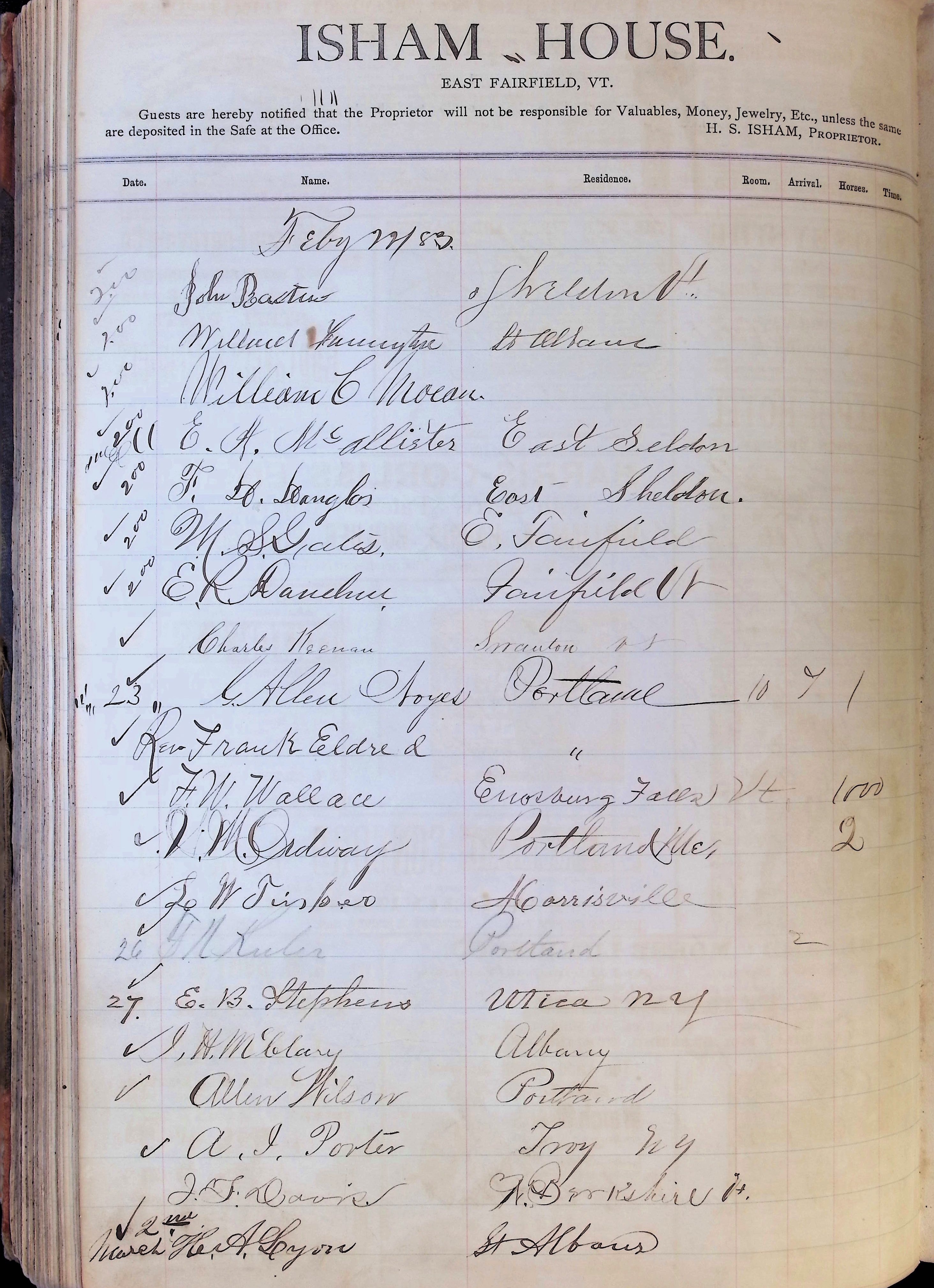 Isham Hotel register Vol. 1, Page 143