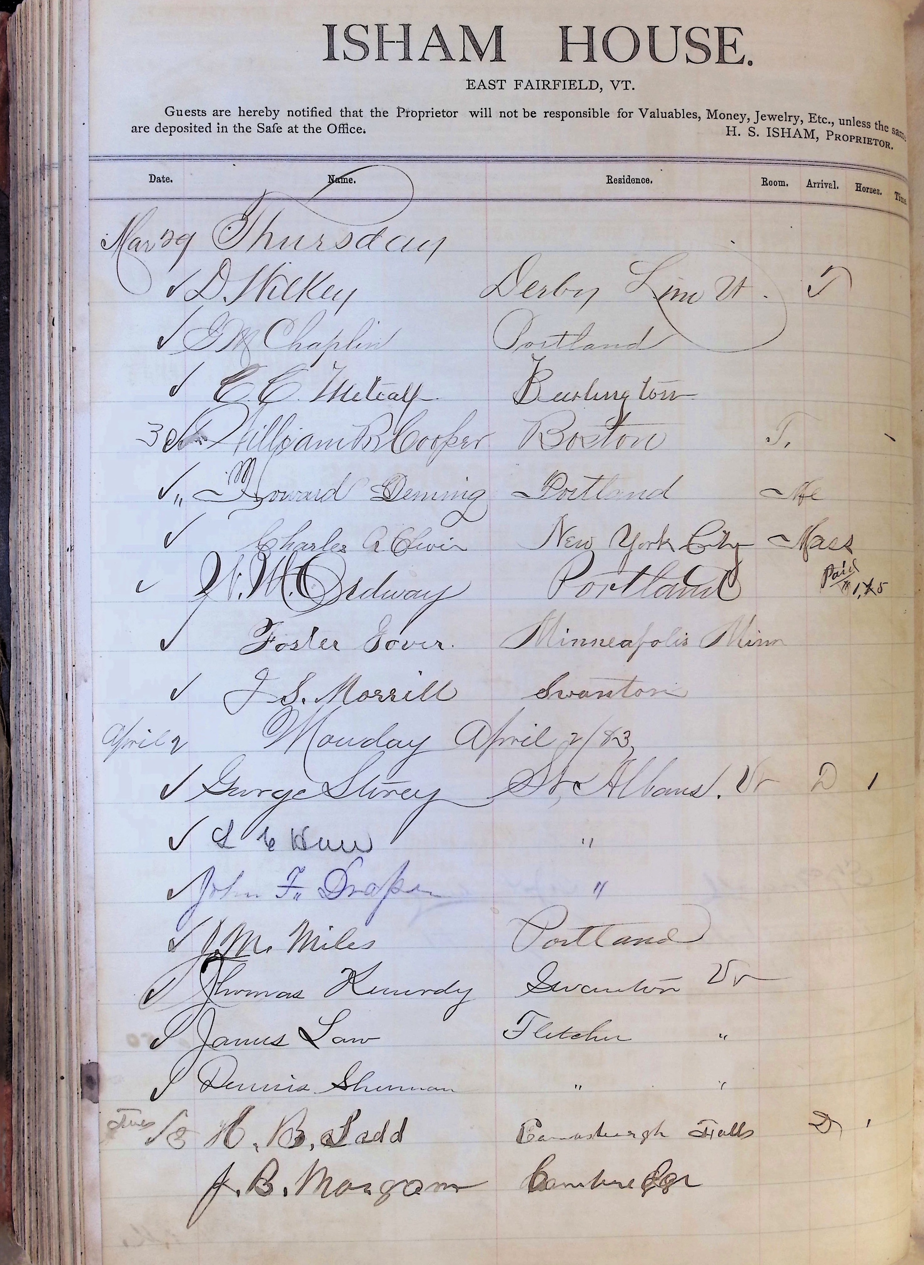 Isham Hotel register Vol. 1, Page 151