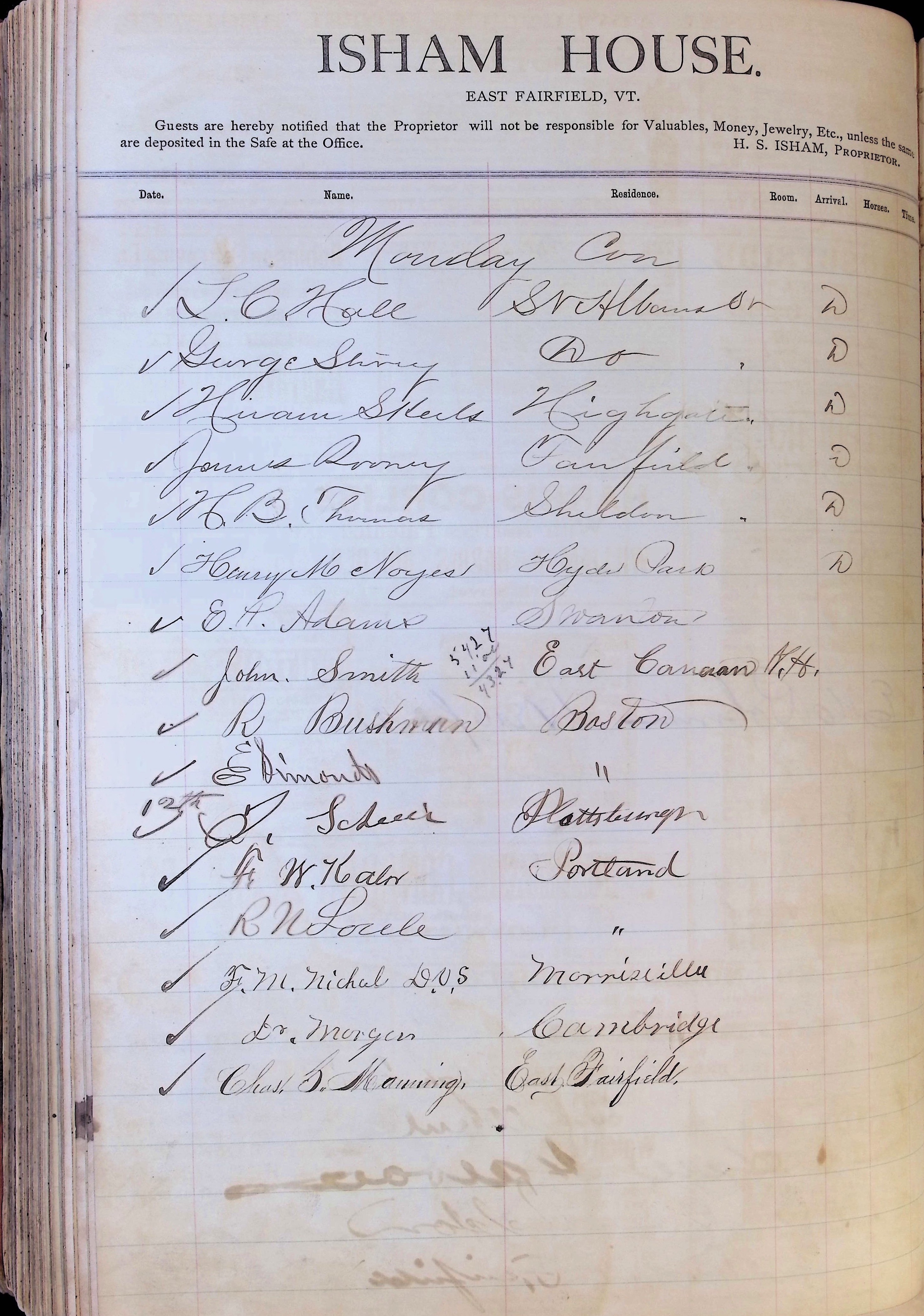 Isham Hotel register Vol. 1, Page 155