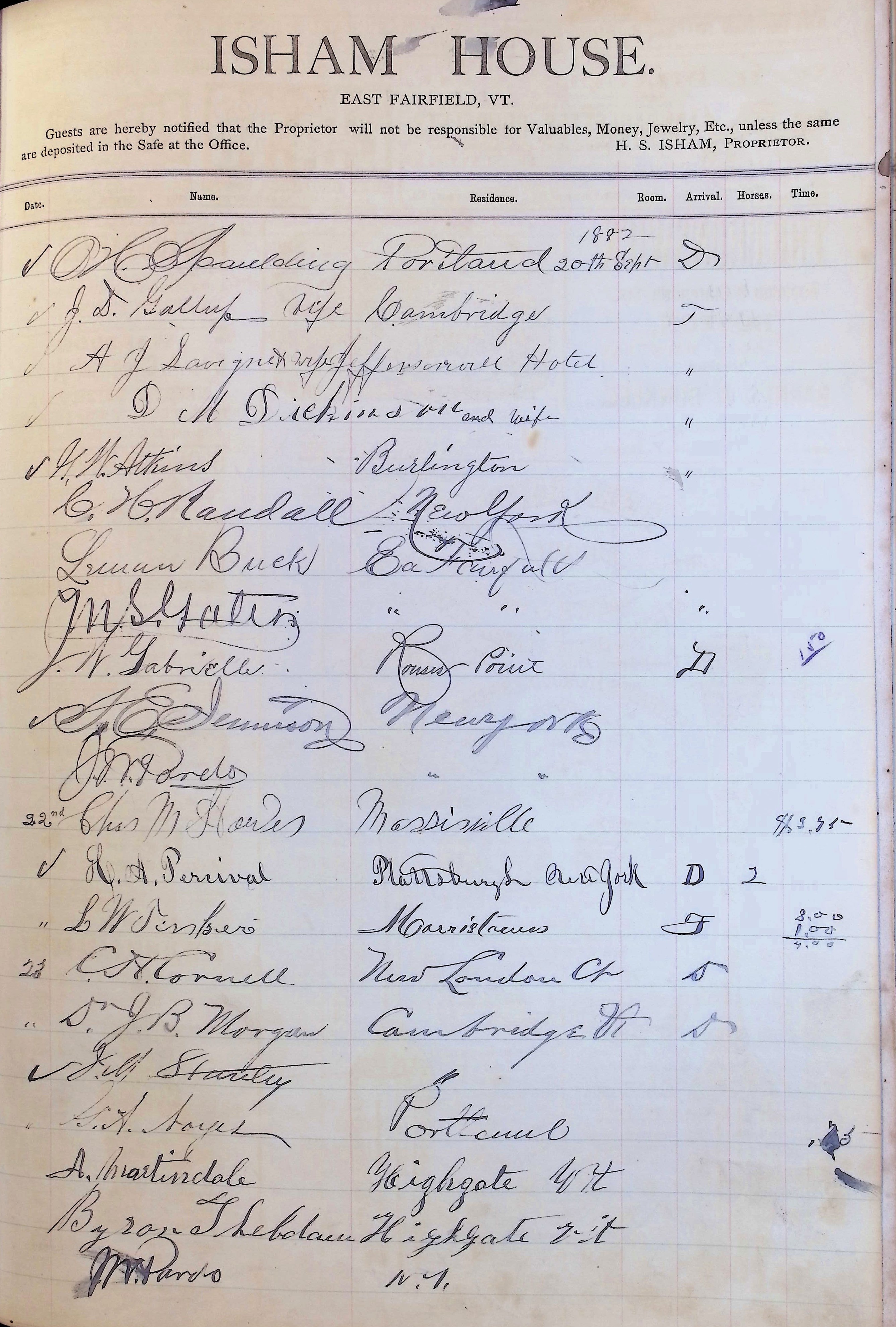 Isham Hotel register Vol. 1, Page 156