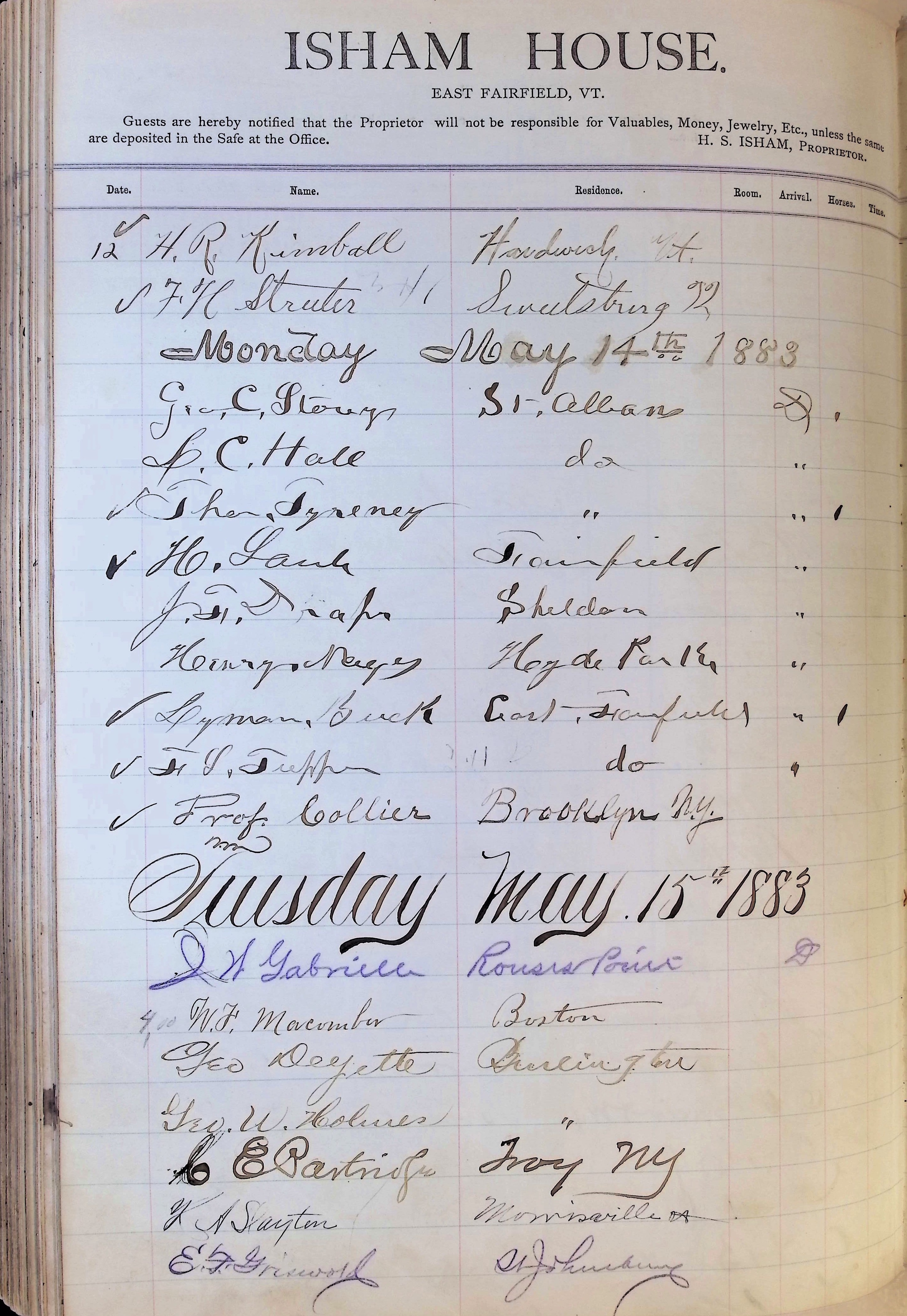 Isham Hotel register Vol. 1, Page 165