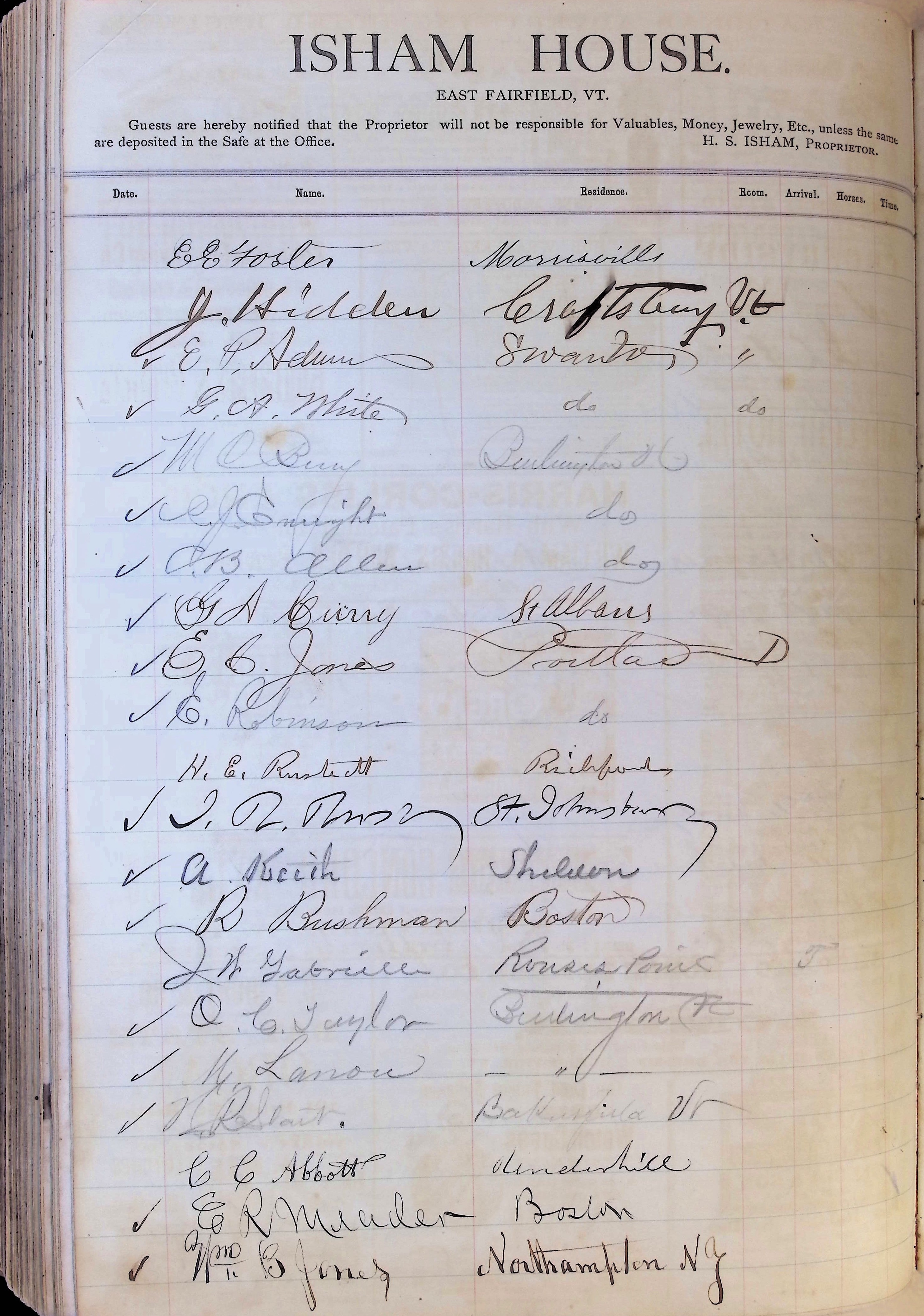 Isham Hotel register Vol. 1, Page 179
