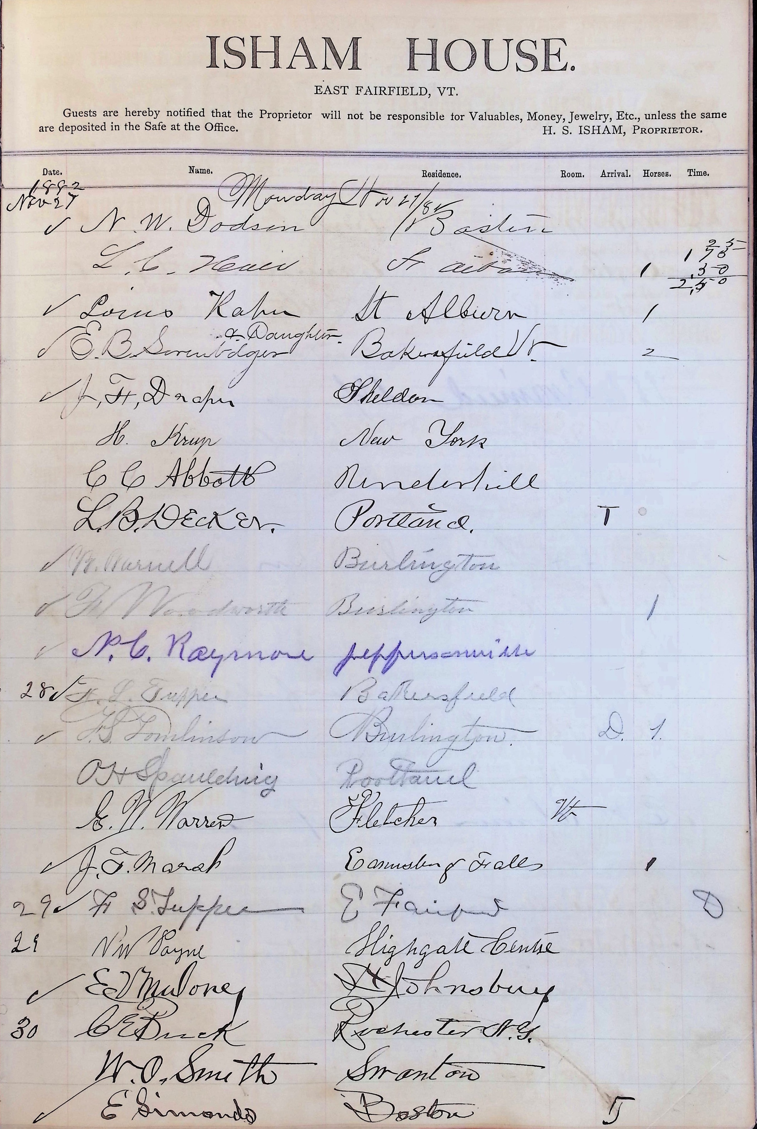 Isham Hotel register Vol. 1, Page 182