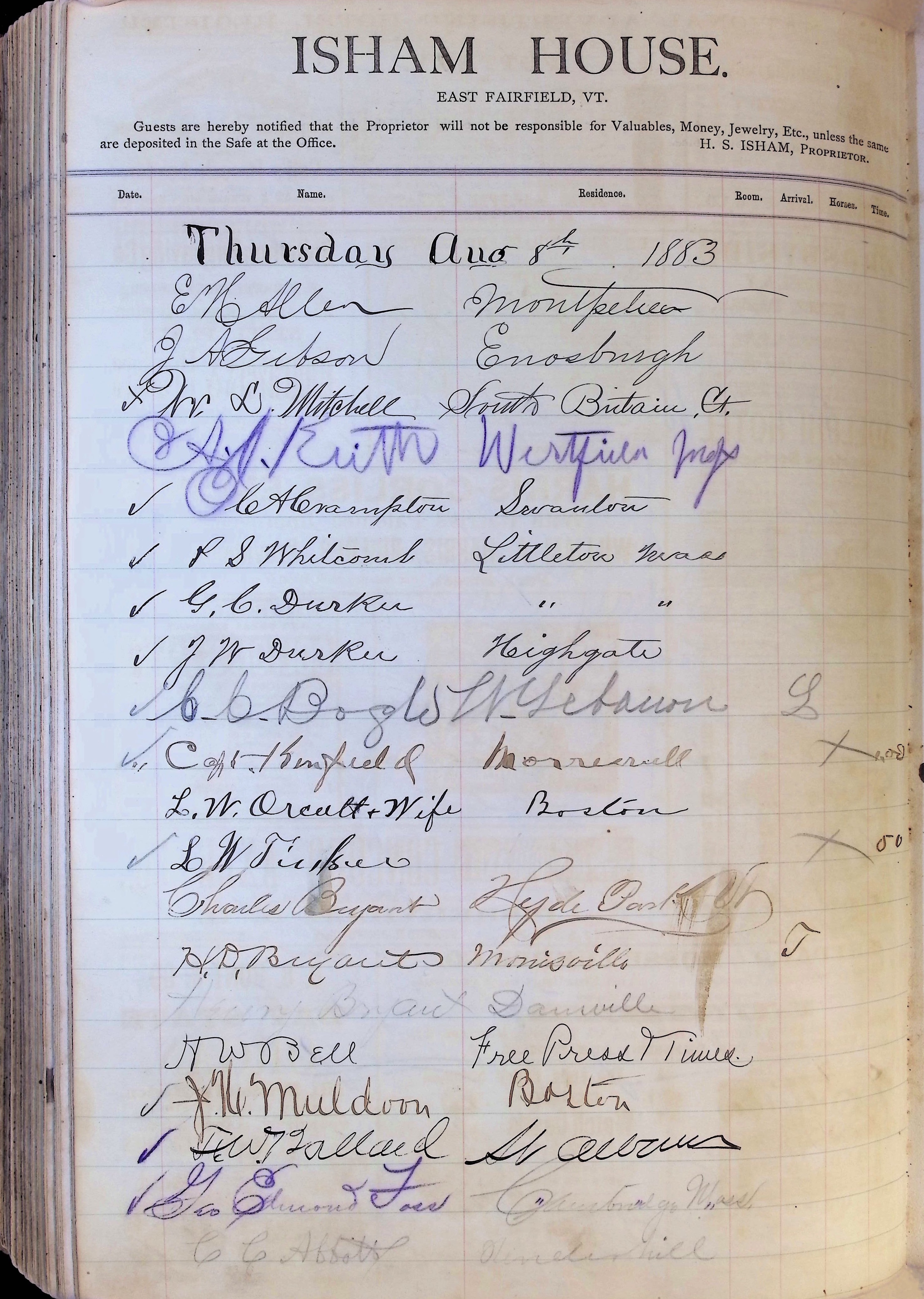 Isham Hotel register Vol. 1, Page 187