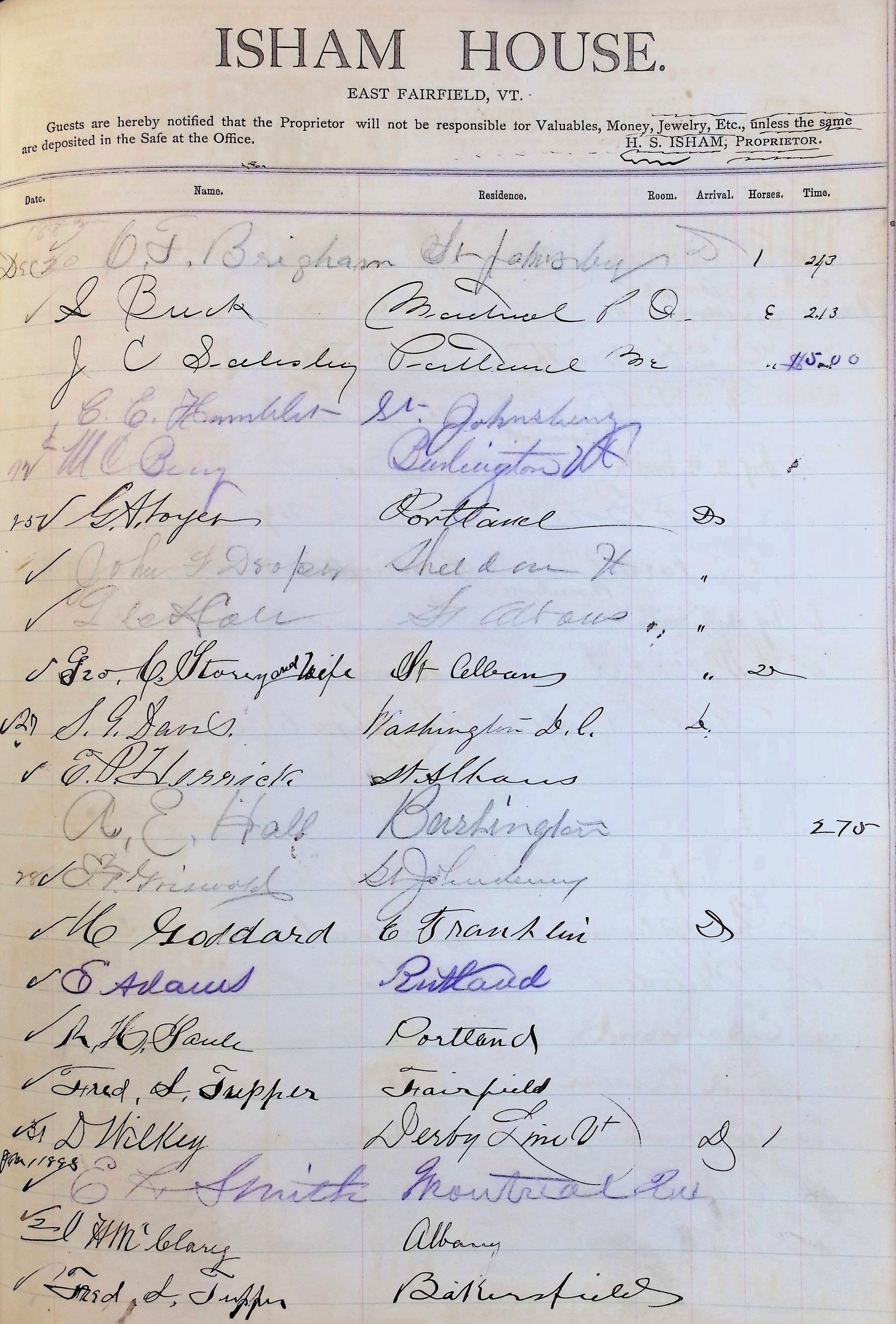 Isham Hotel register Vol. 1, Page 190