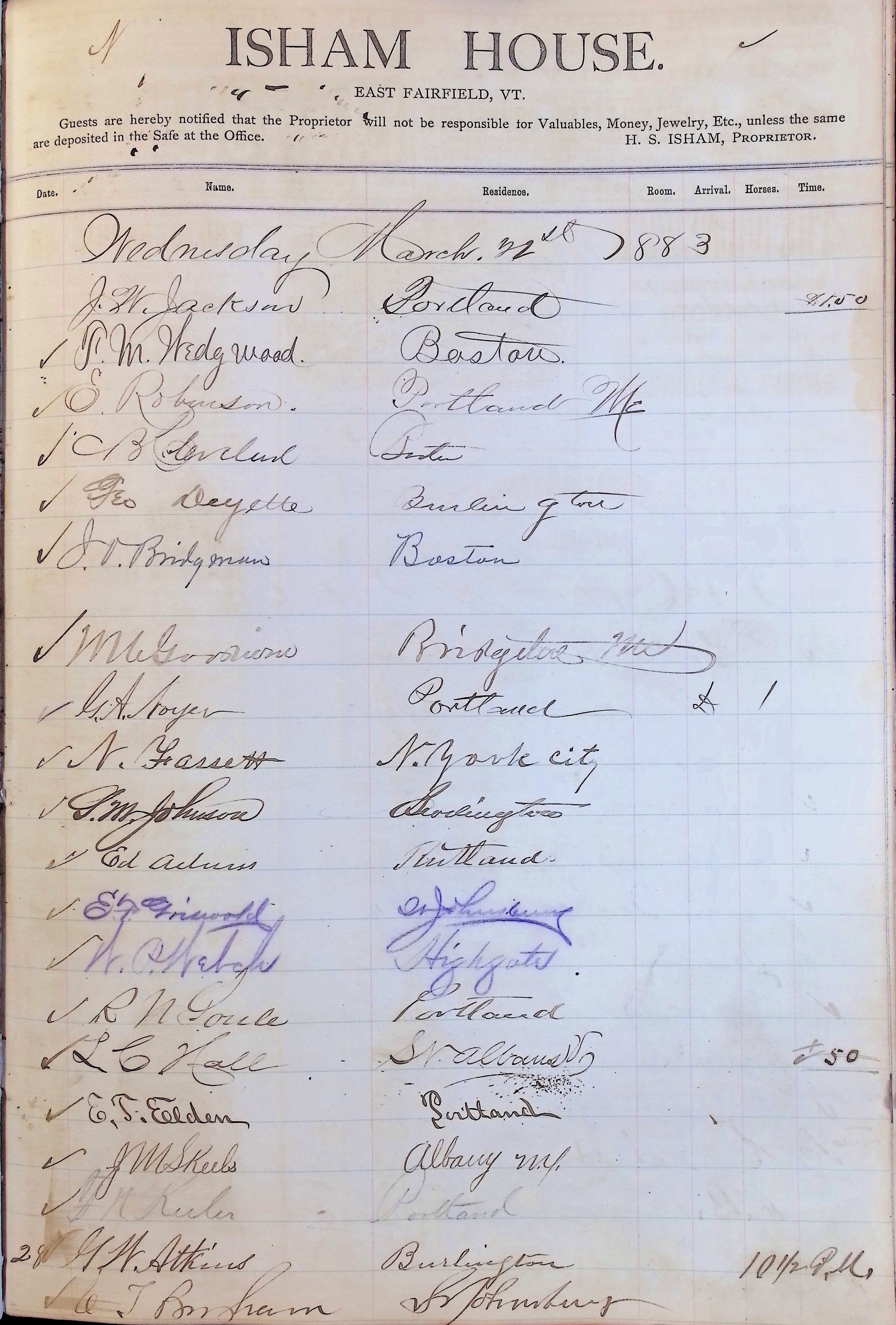 Isham Hotel register Vol. 1, Page 215