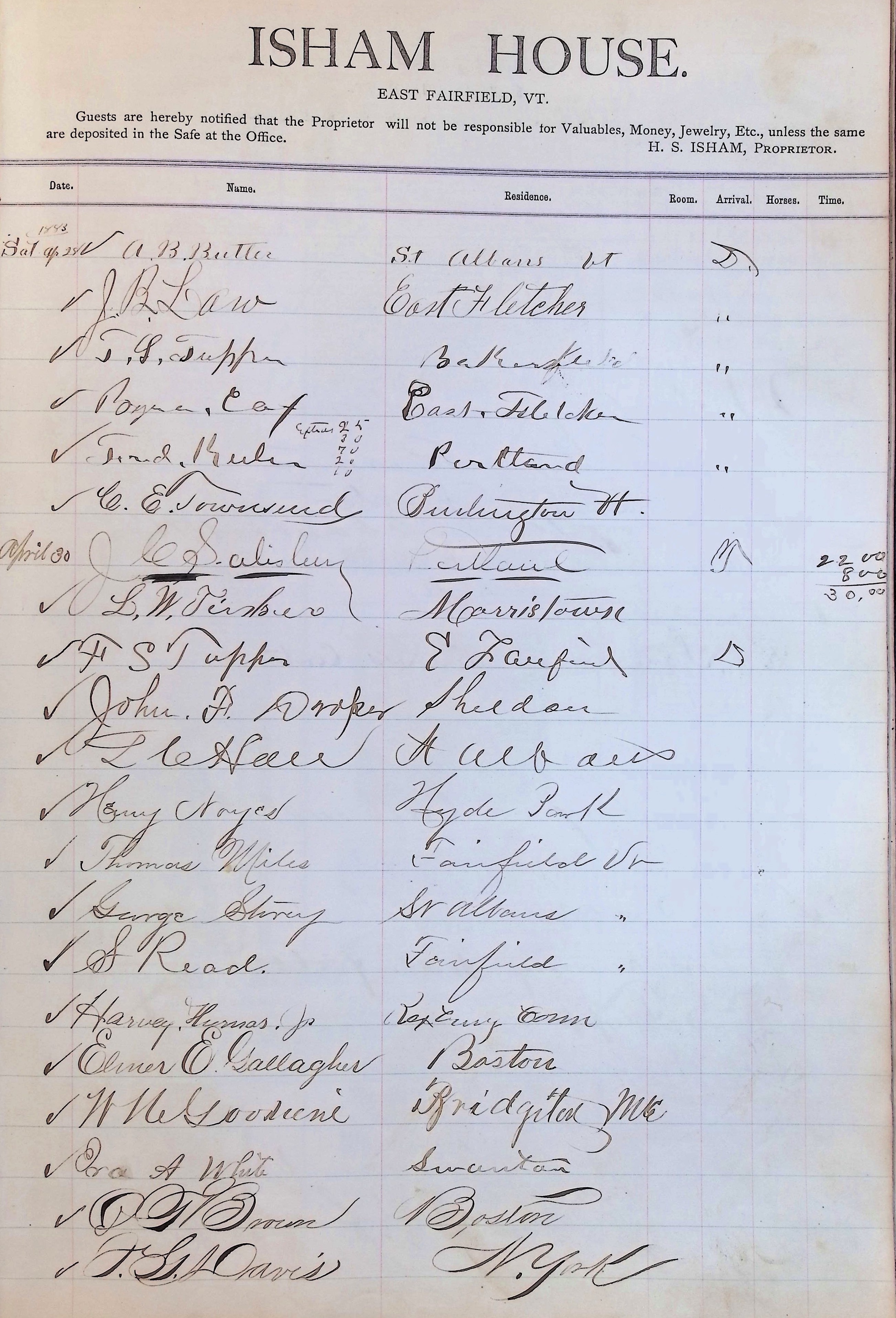 Isham Hotel register Vol. 1, Page 220
