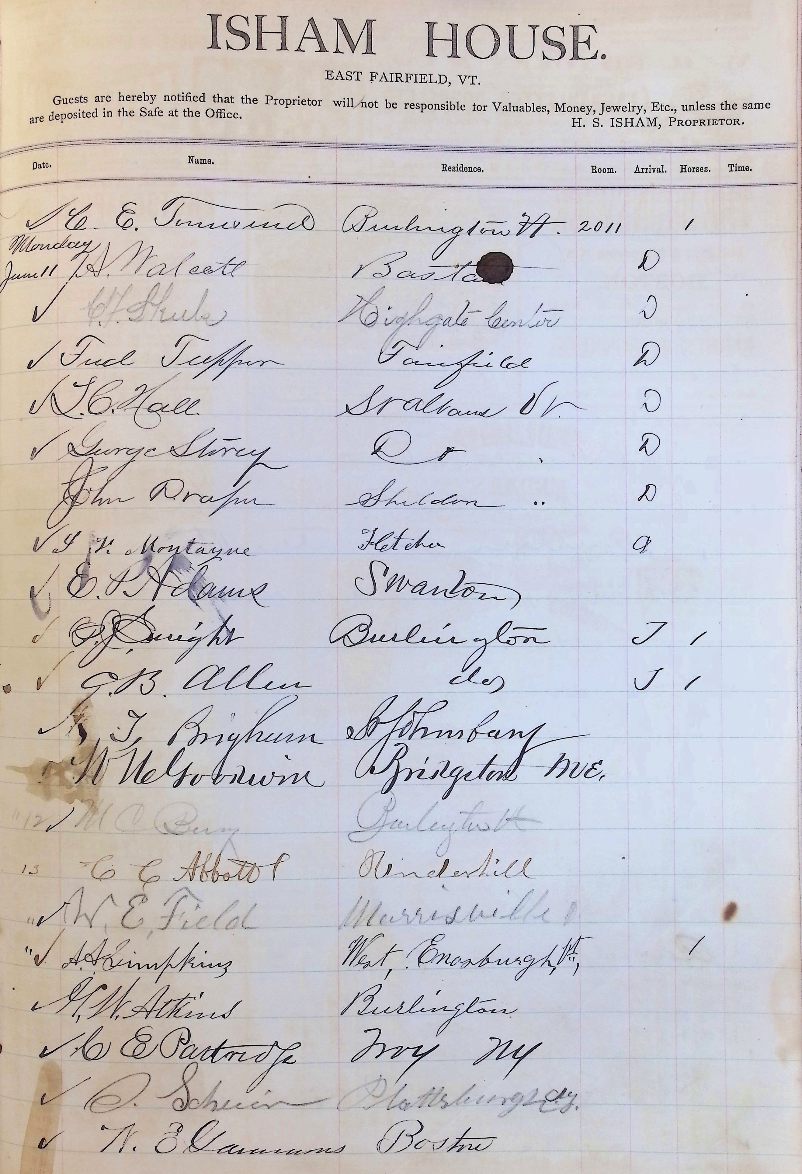 Isham Hotel register Vol. 1, Page 225