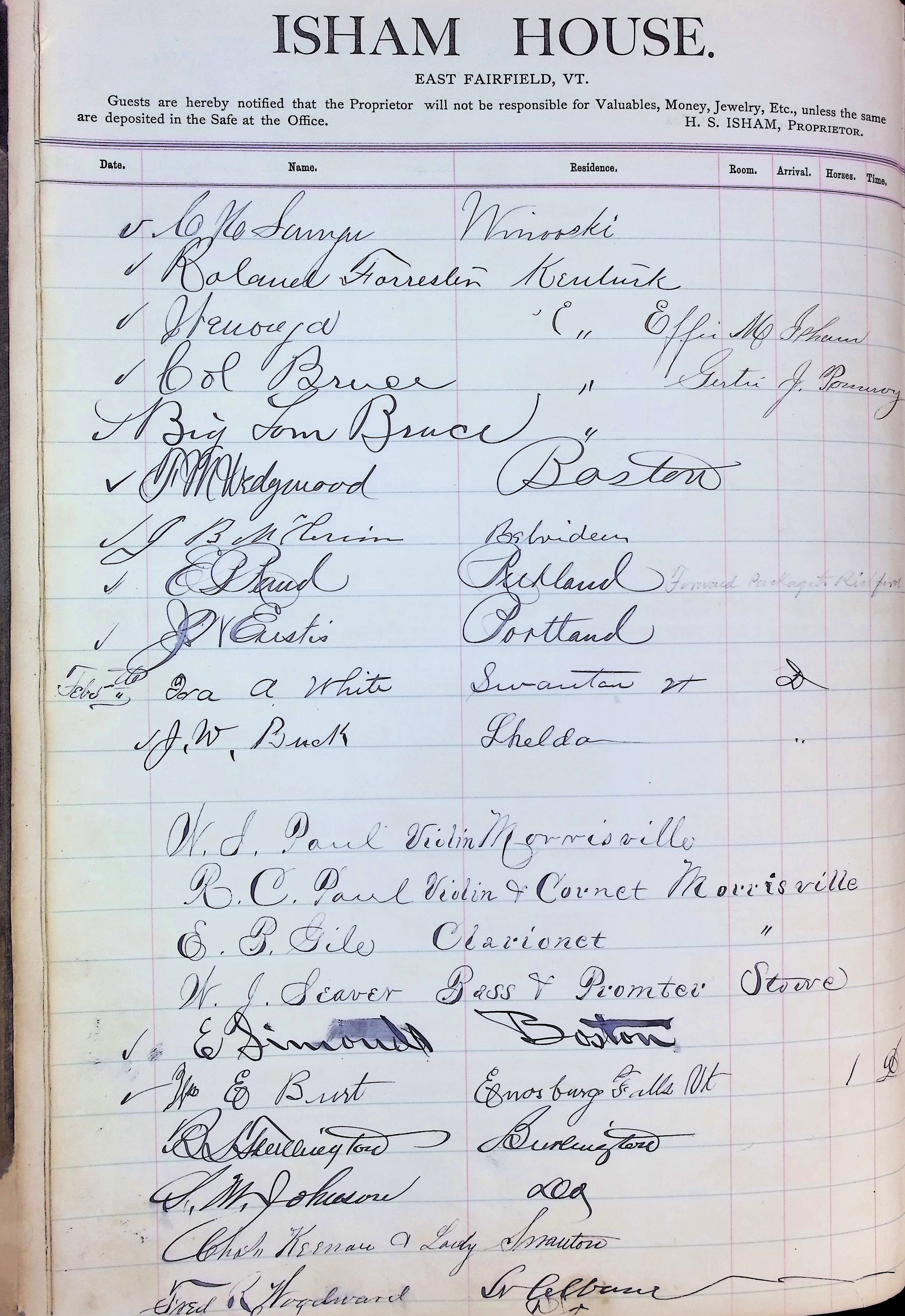 Isham Hotel register Vol. 2, Page 20