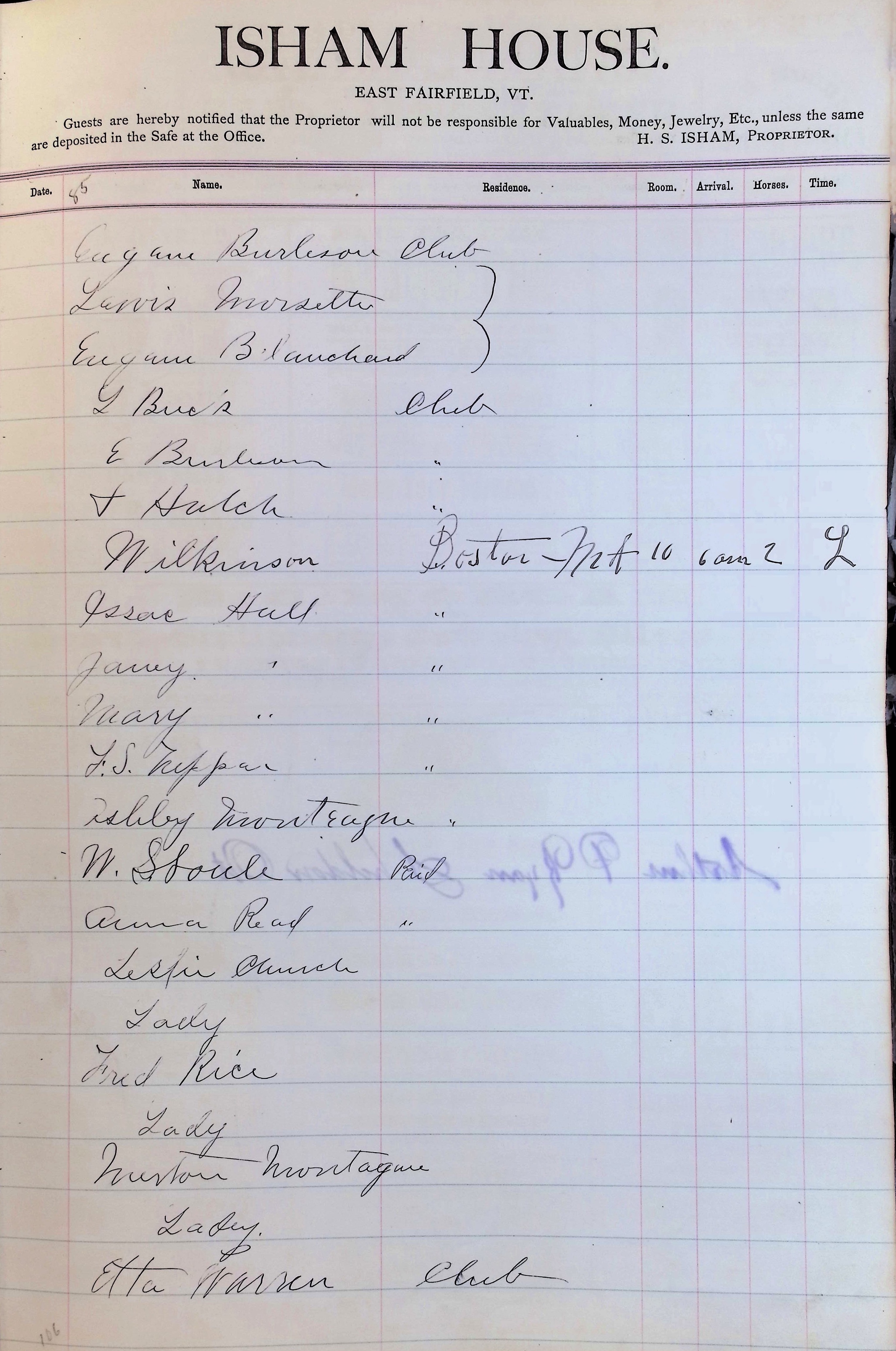 Isham Hotel register Vol. 2, Page 31