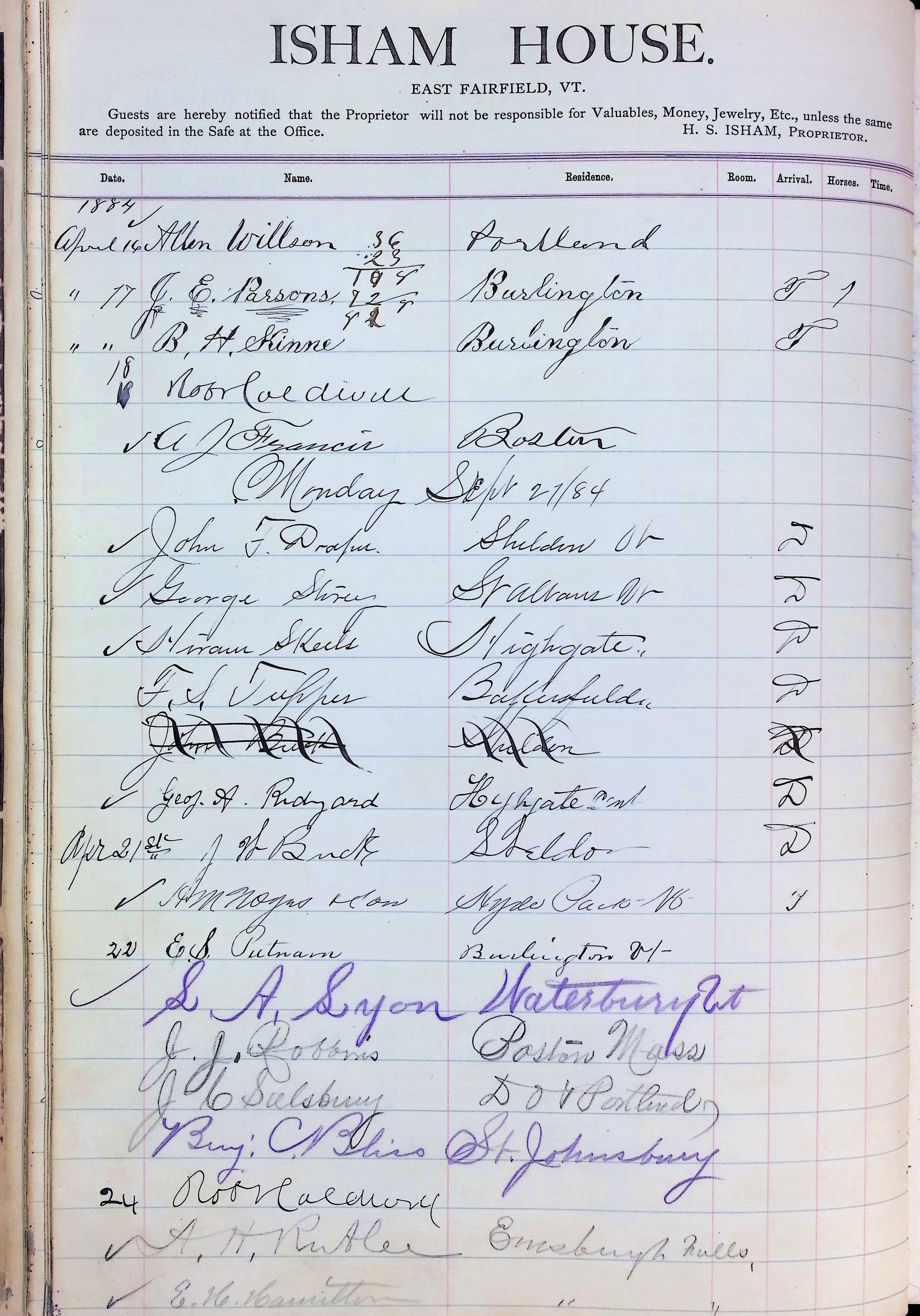 Isham Hotel register Vol. 2, Page 50