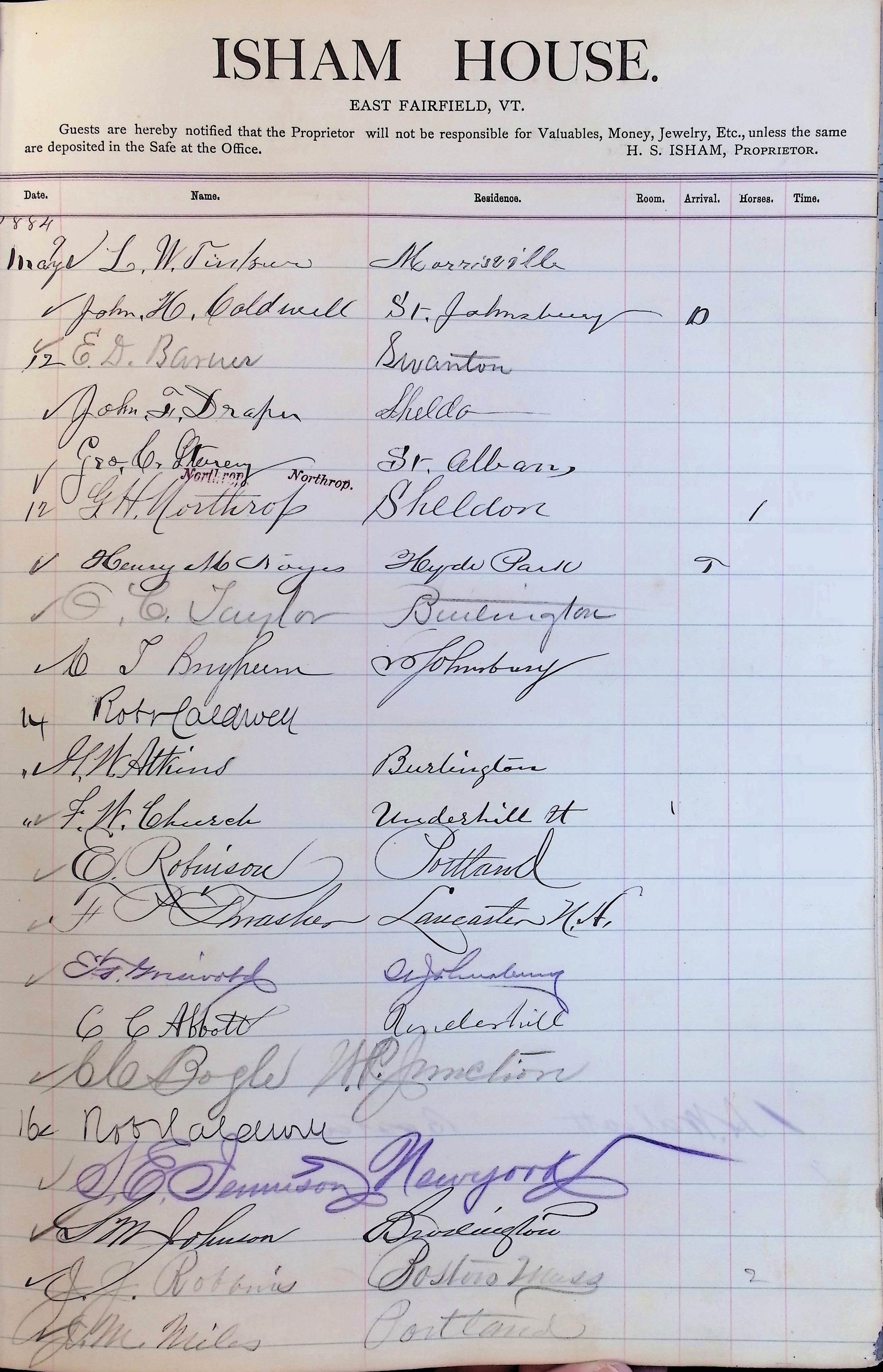 Isham Hotel register Vol. 2, Page 57