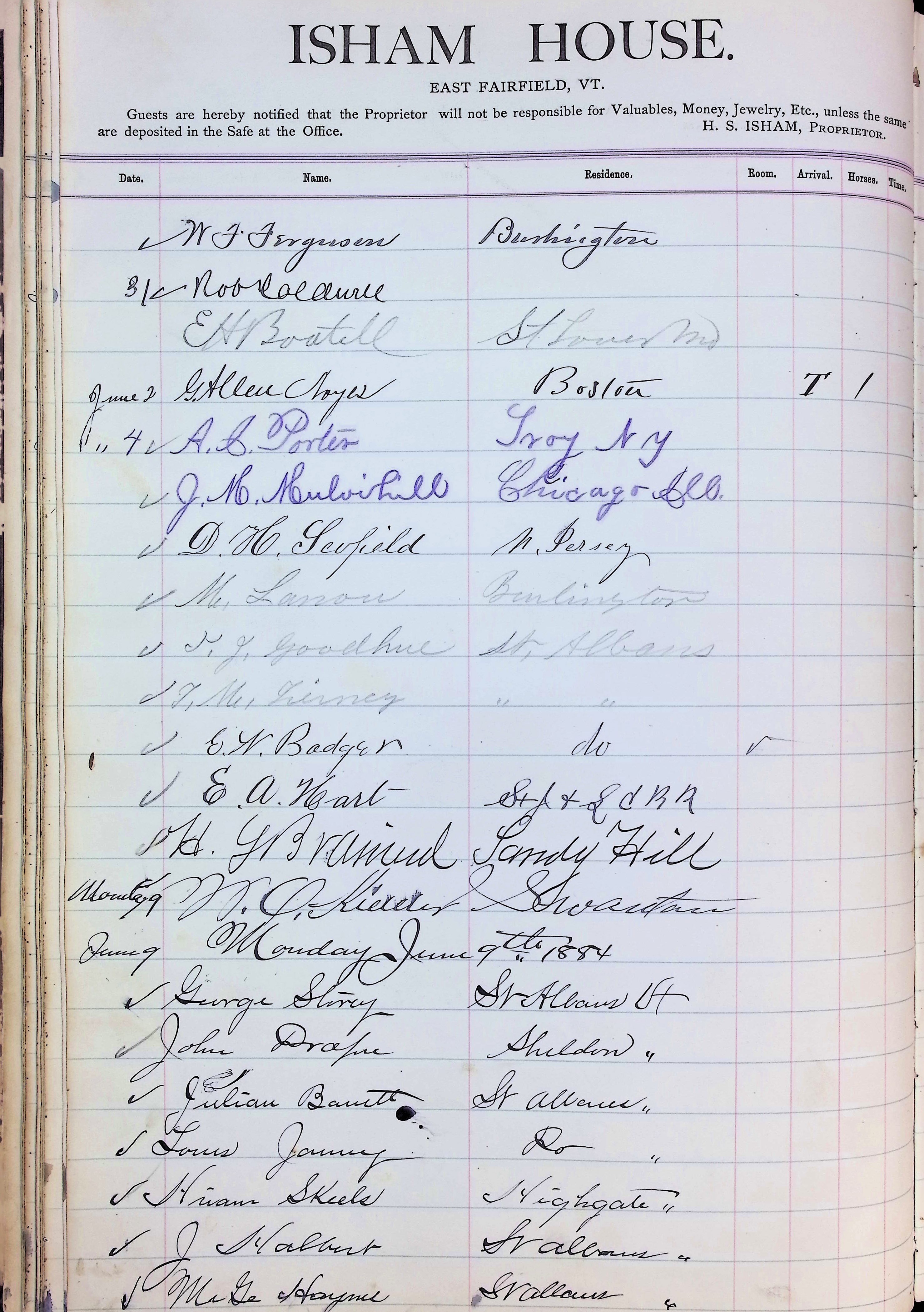 Isham Hotel register Vol. 2, Page 62