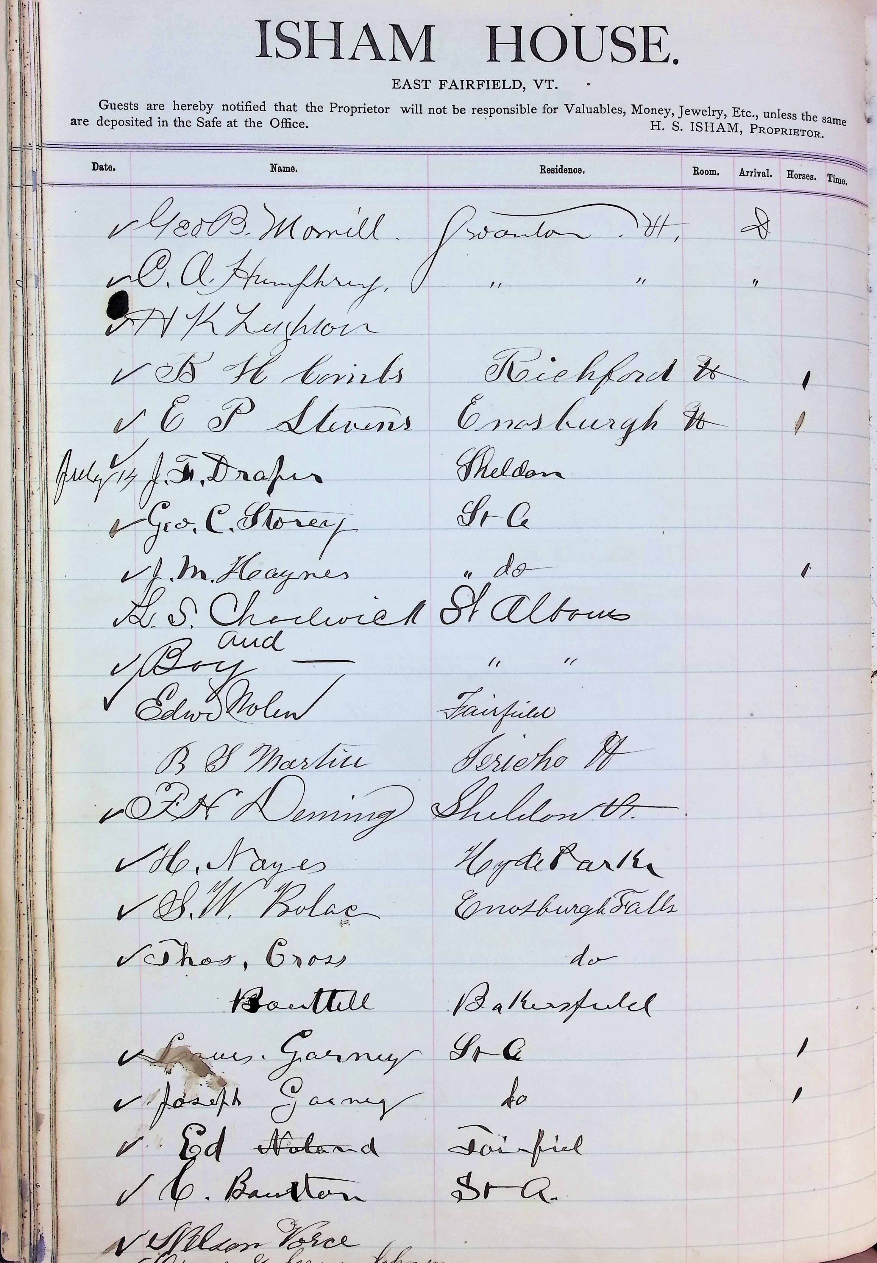 Isham Hotel register Vol. 2, Page 72