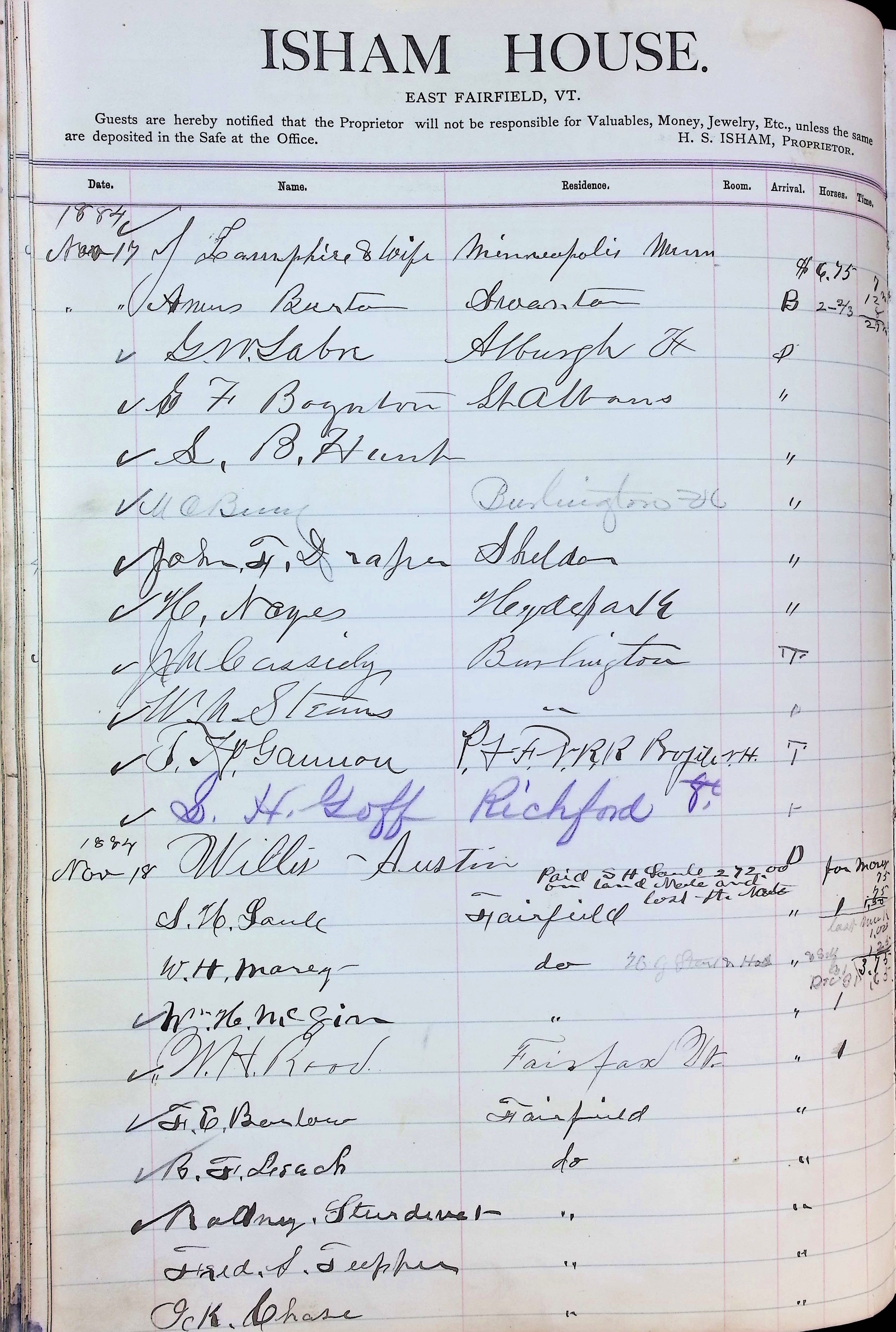 Isham Hotel register Vol. 2, Page 108