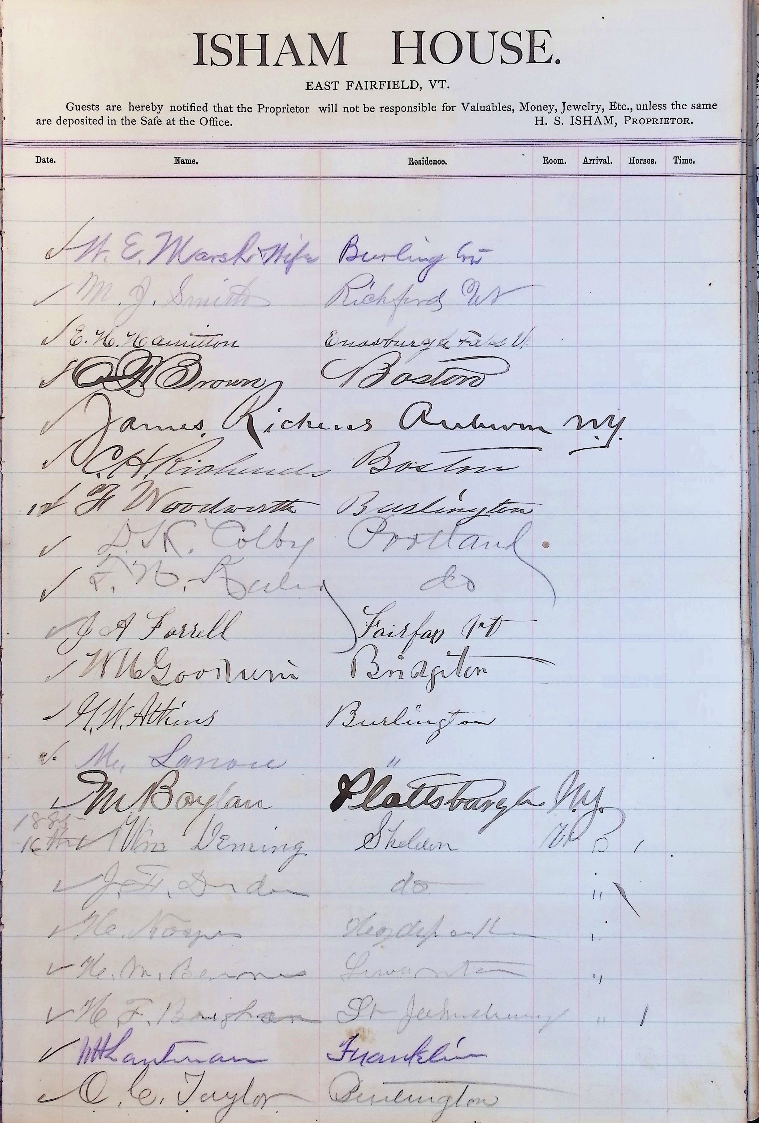 Isham Hotel register Vol. 2, Page 173