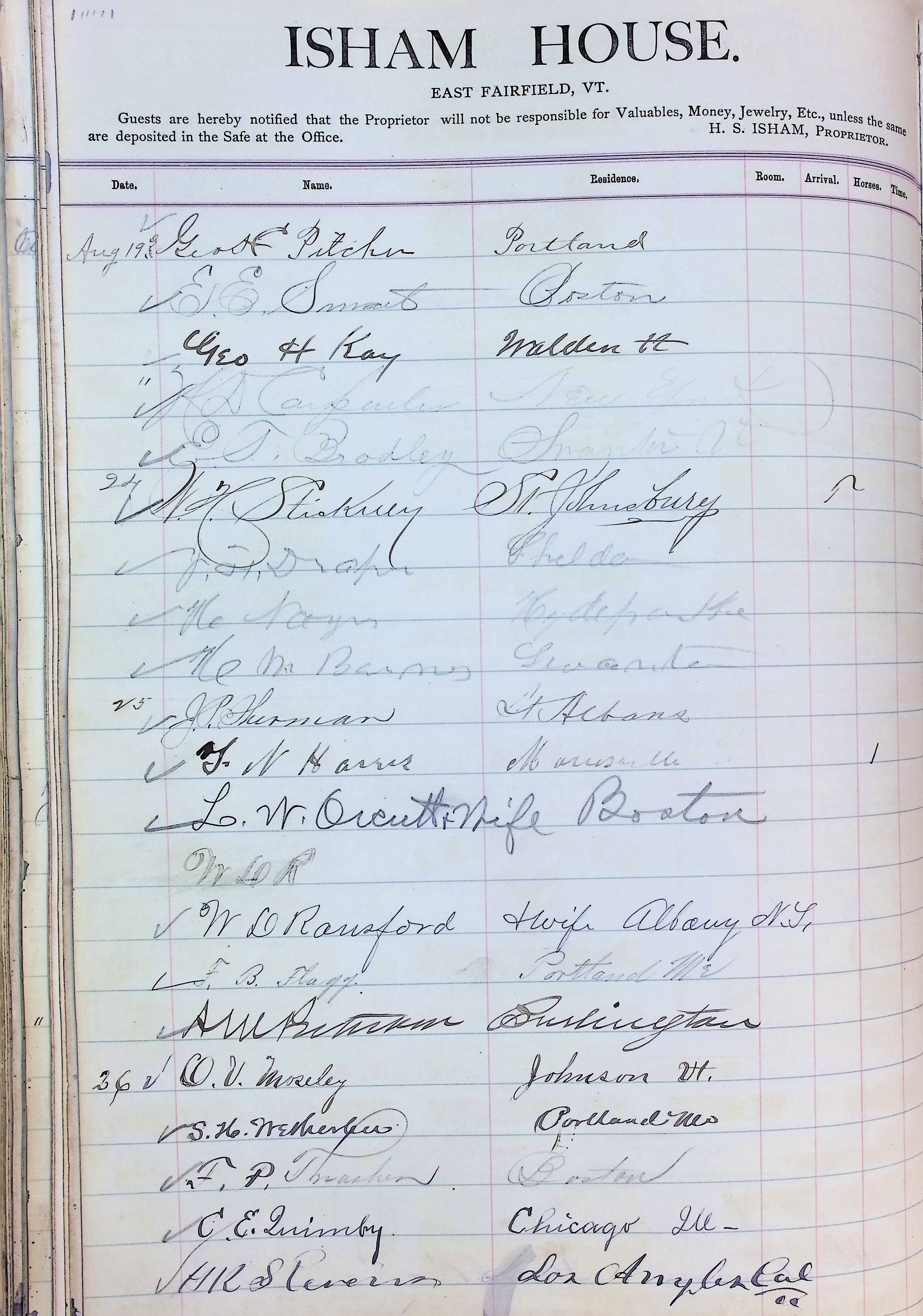 Isham Hotel register Vol. 2, Page 174