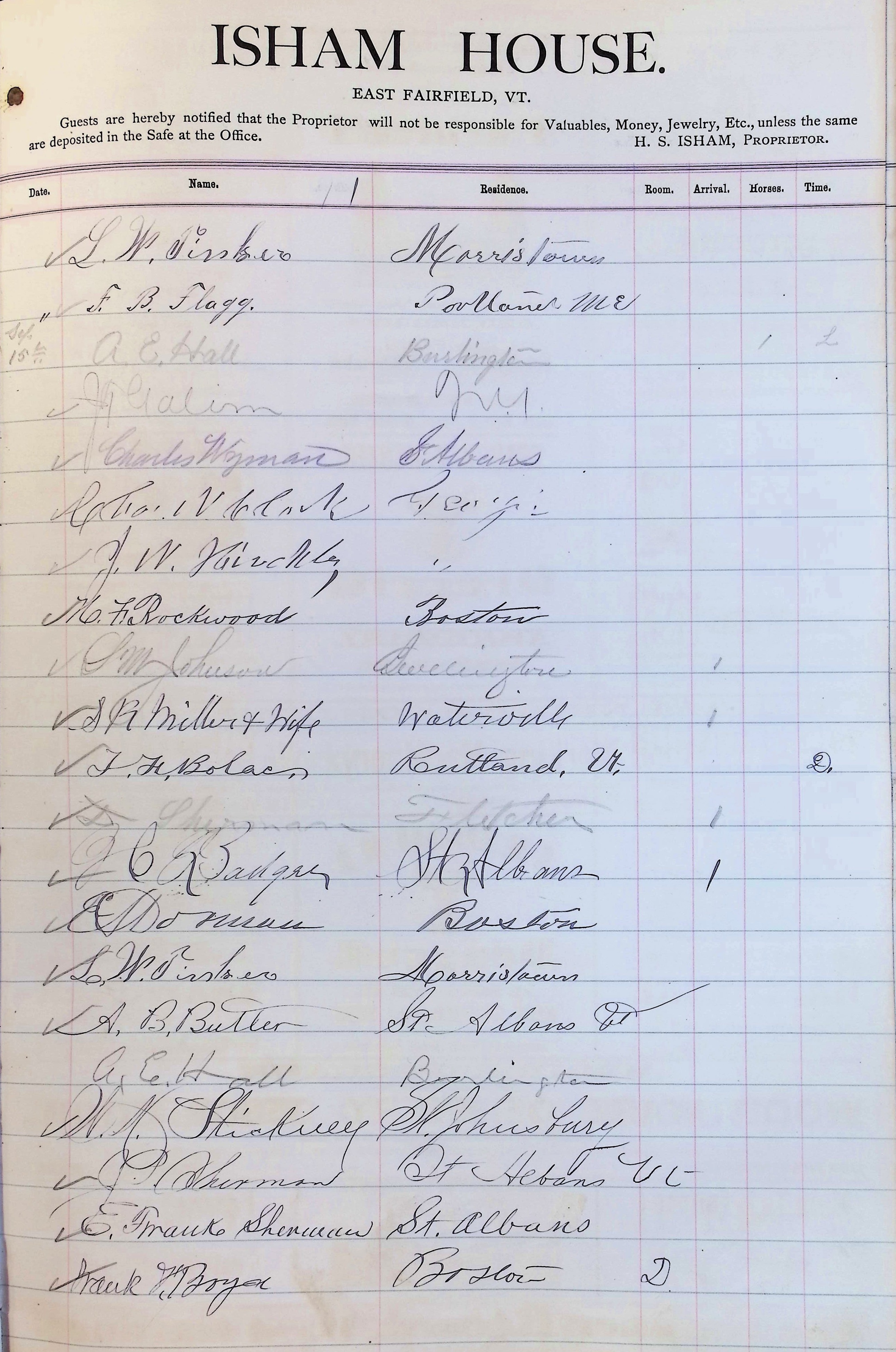Isham Hotel register Vol. 2, Page 185