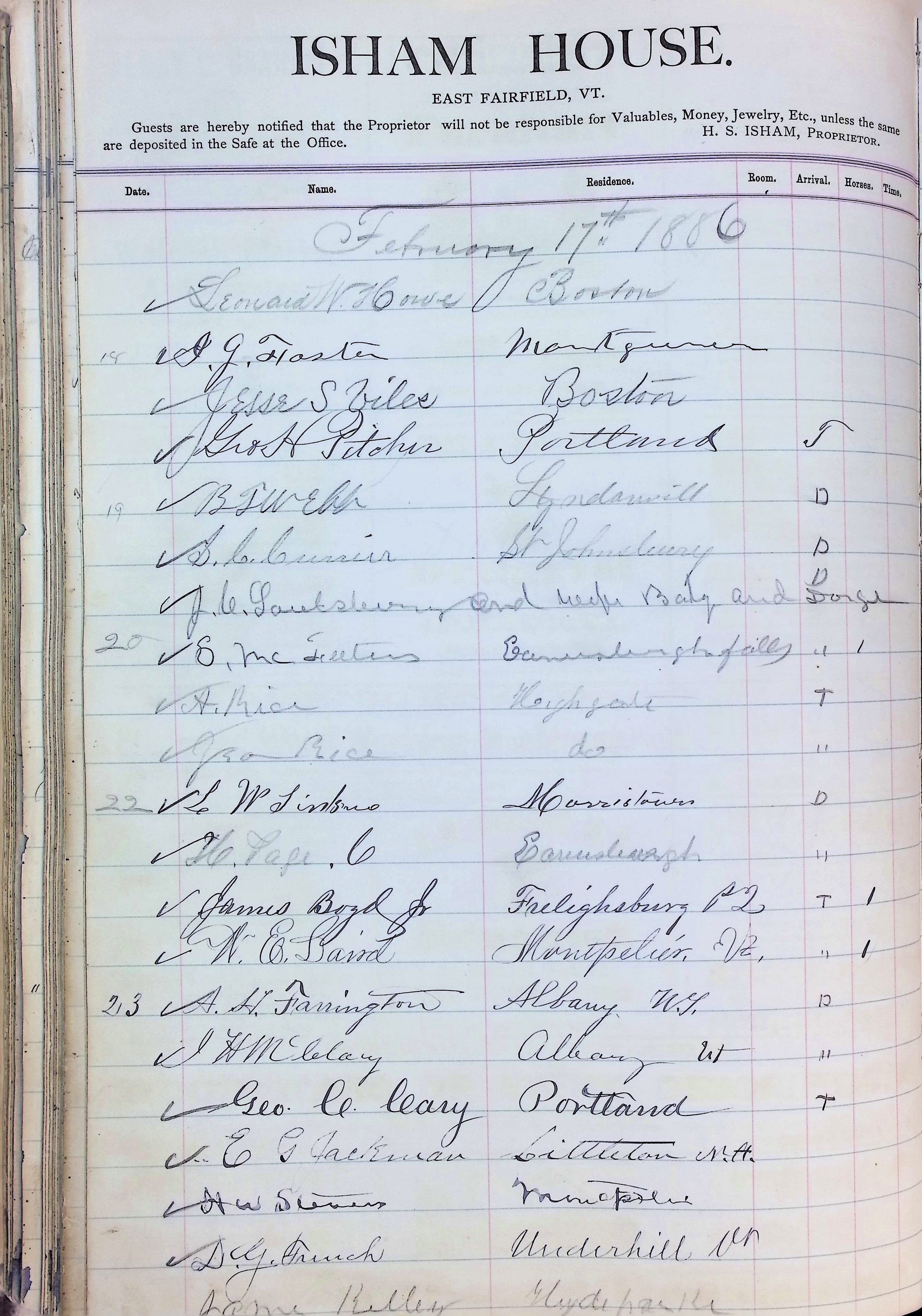 Isham Hotel register Vol. 2, Page 218