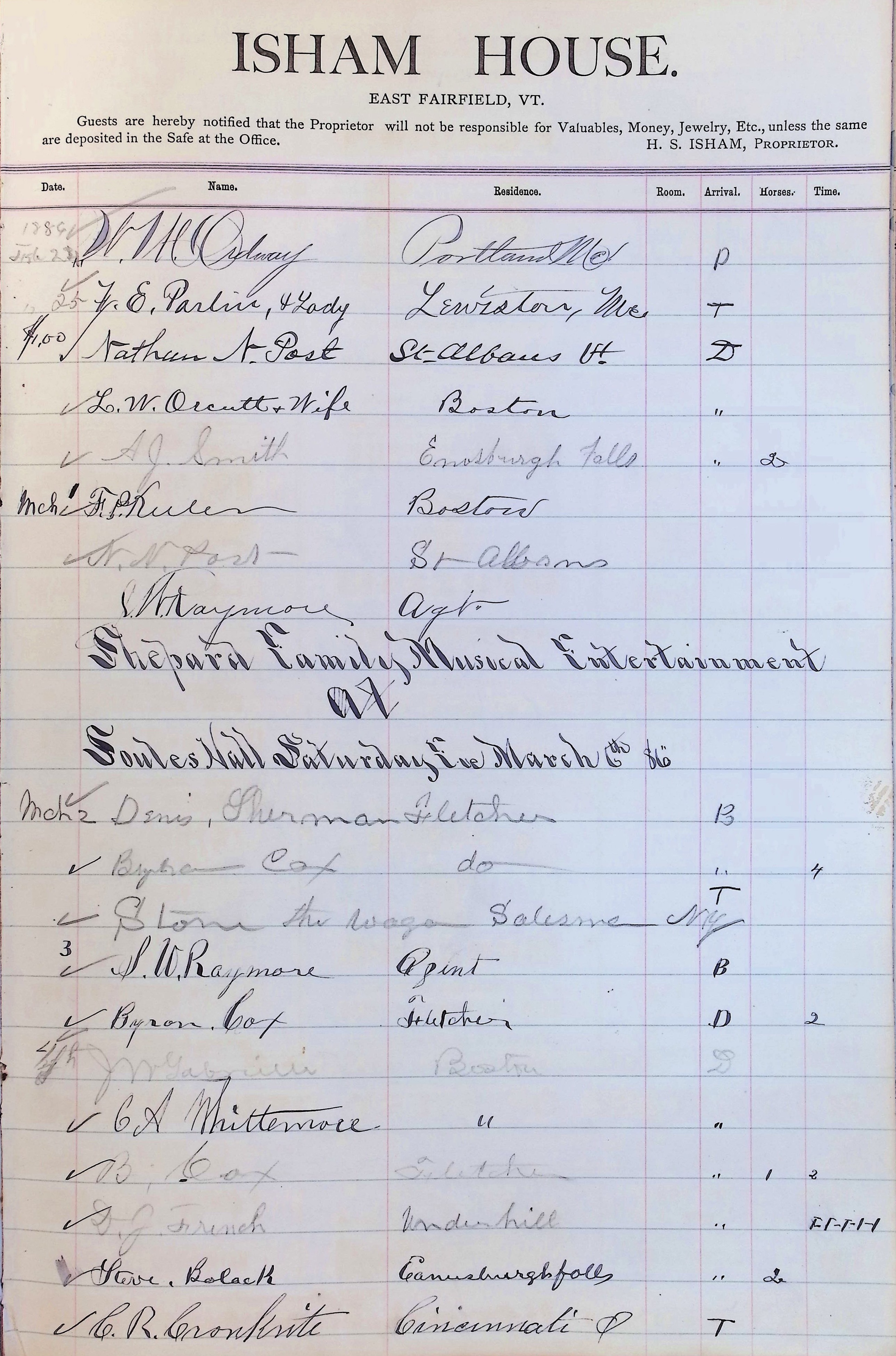Isham Hotel register Vol. 2, Page 221