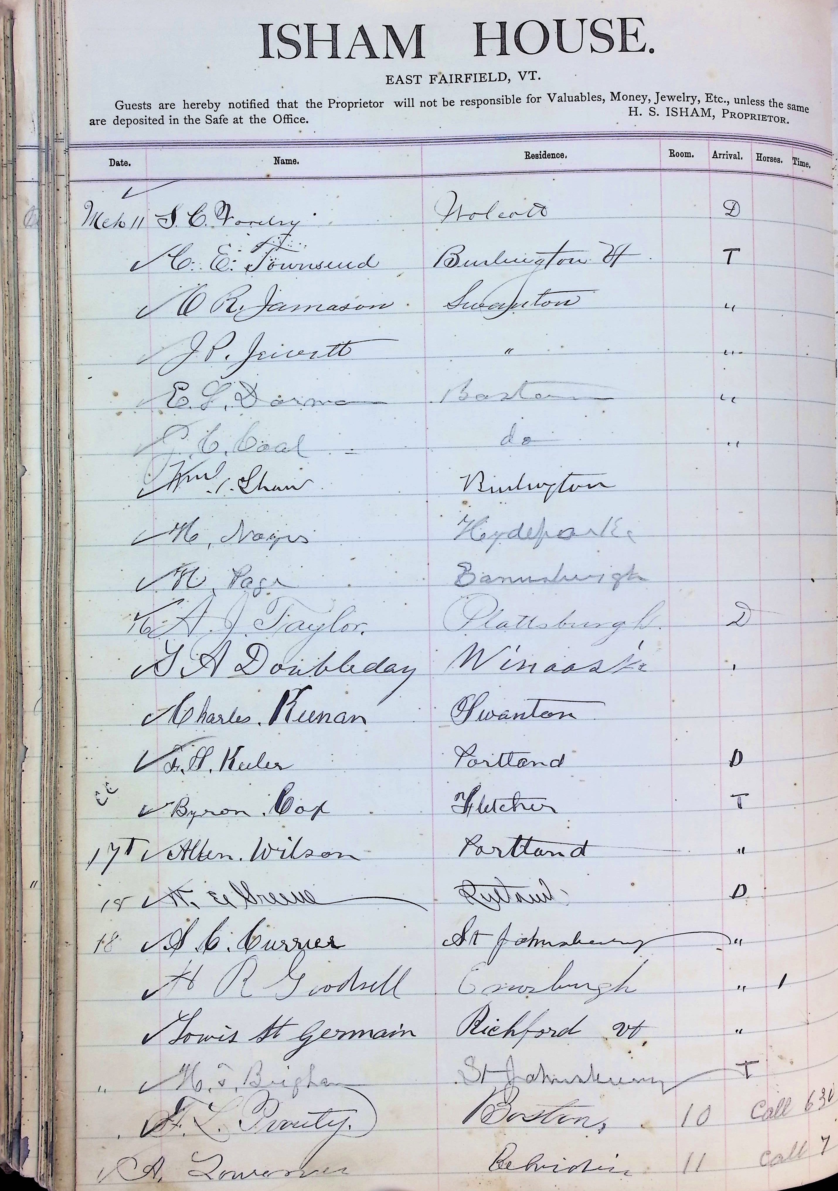 Isham Hotel register Vol. 2, Page 226