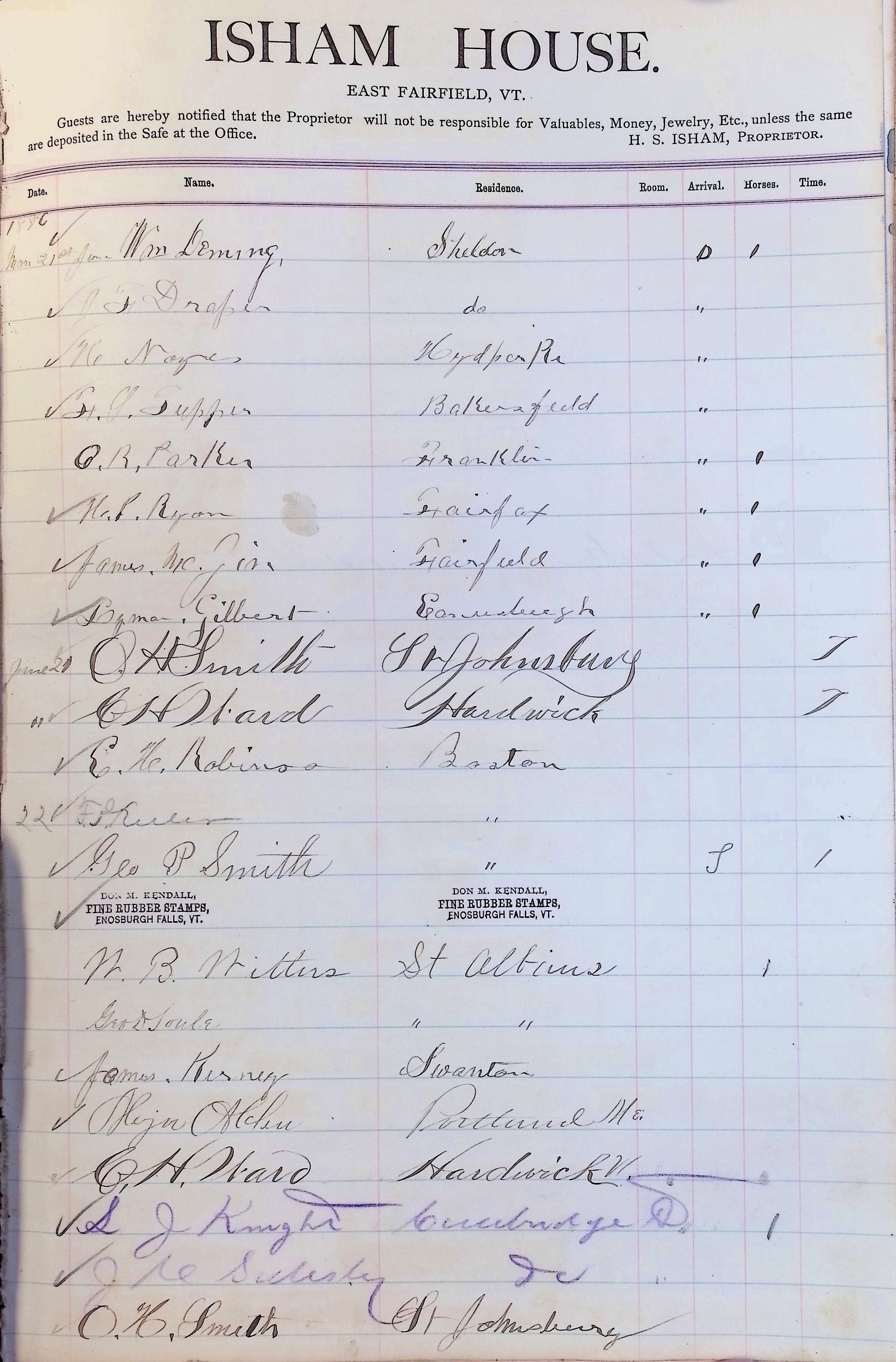 Isham Hotel register Vol. 2, Page 261