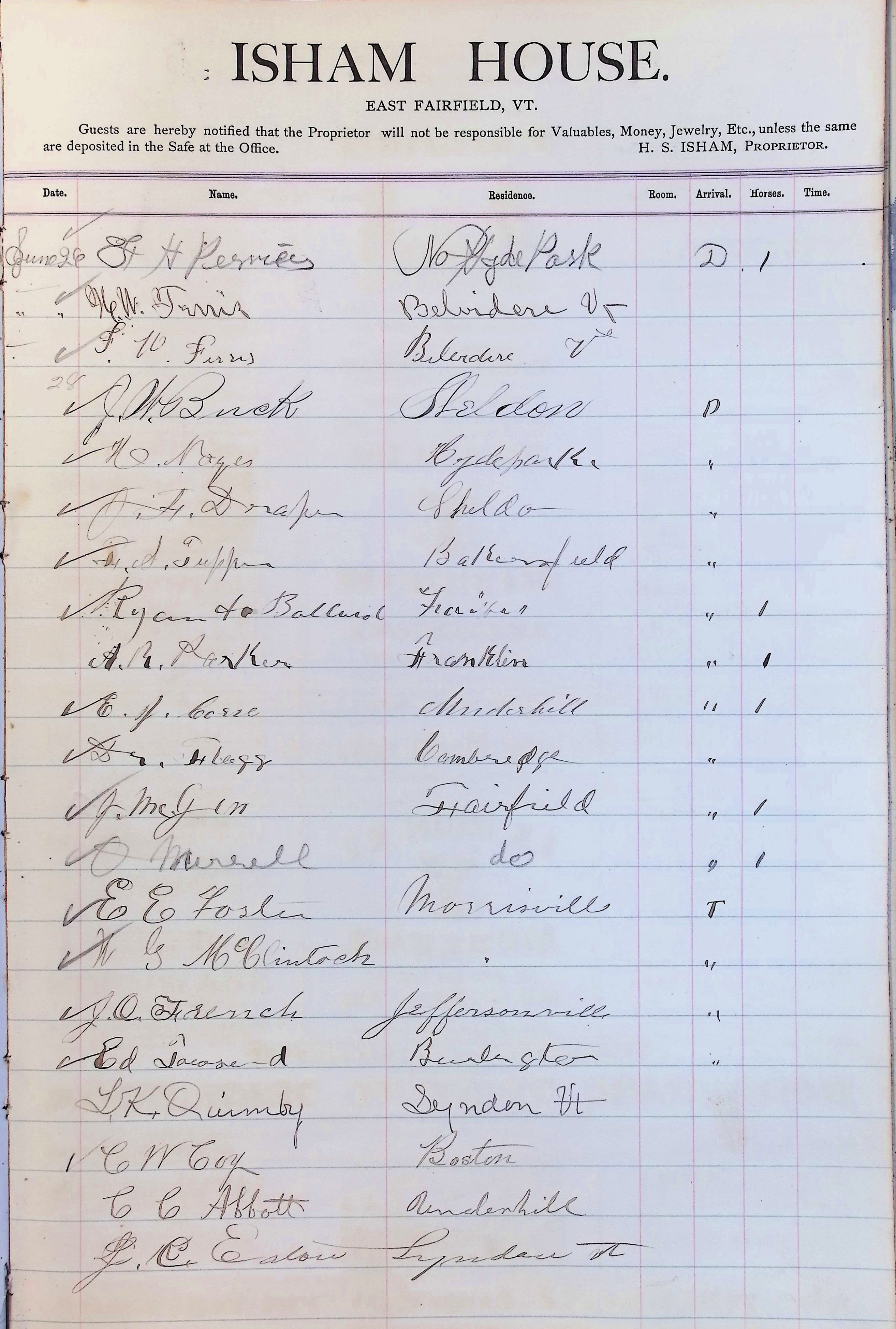 Isham Hotel register Vol. 2, Page 265