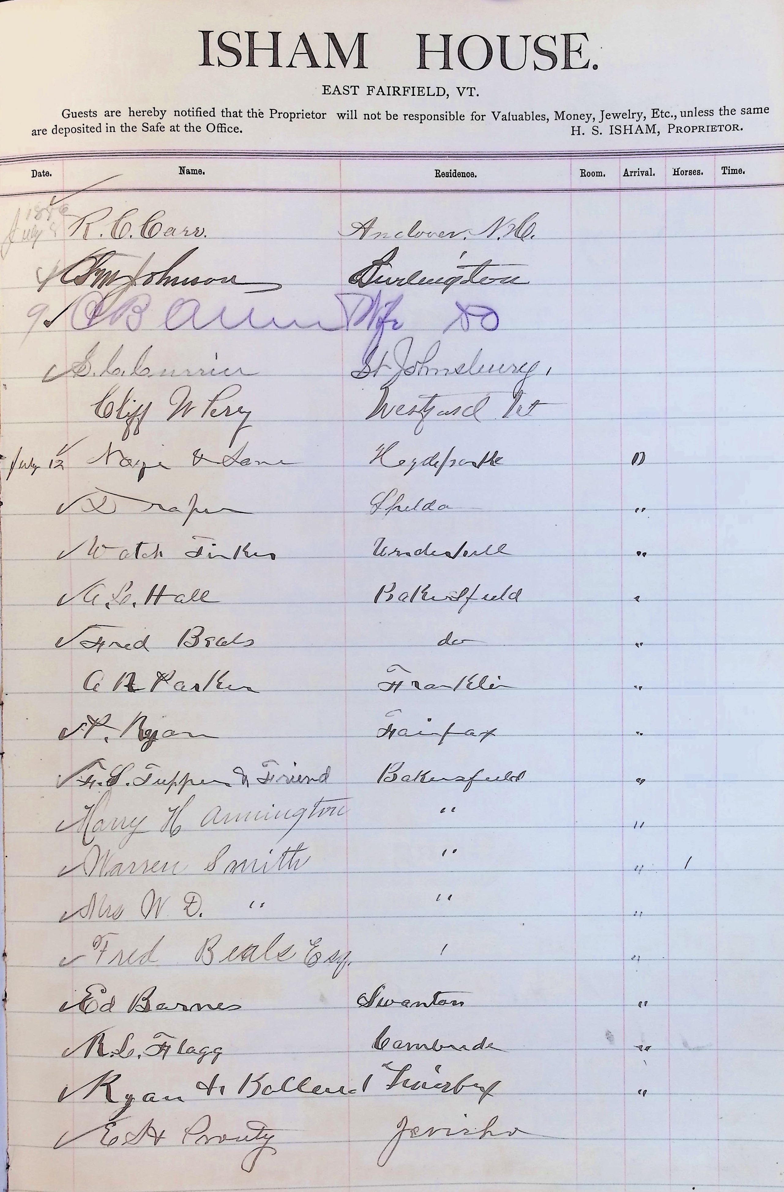 Isham Hotel register Vol. 2, Page 269