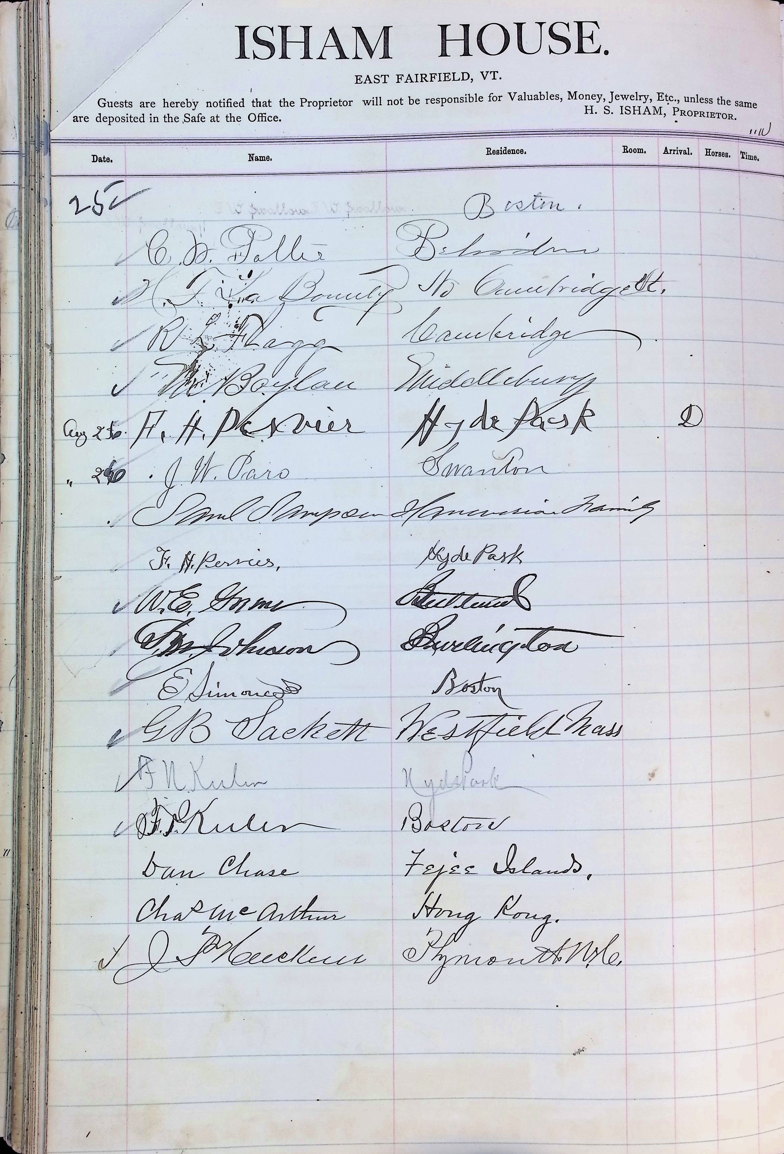Isham Hotel register Vol. 2, Page 278