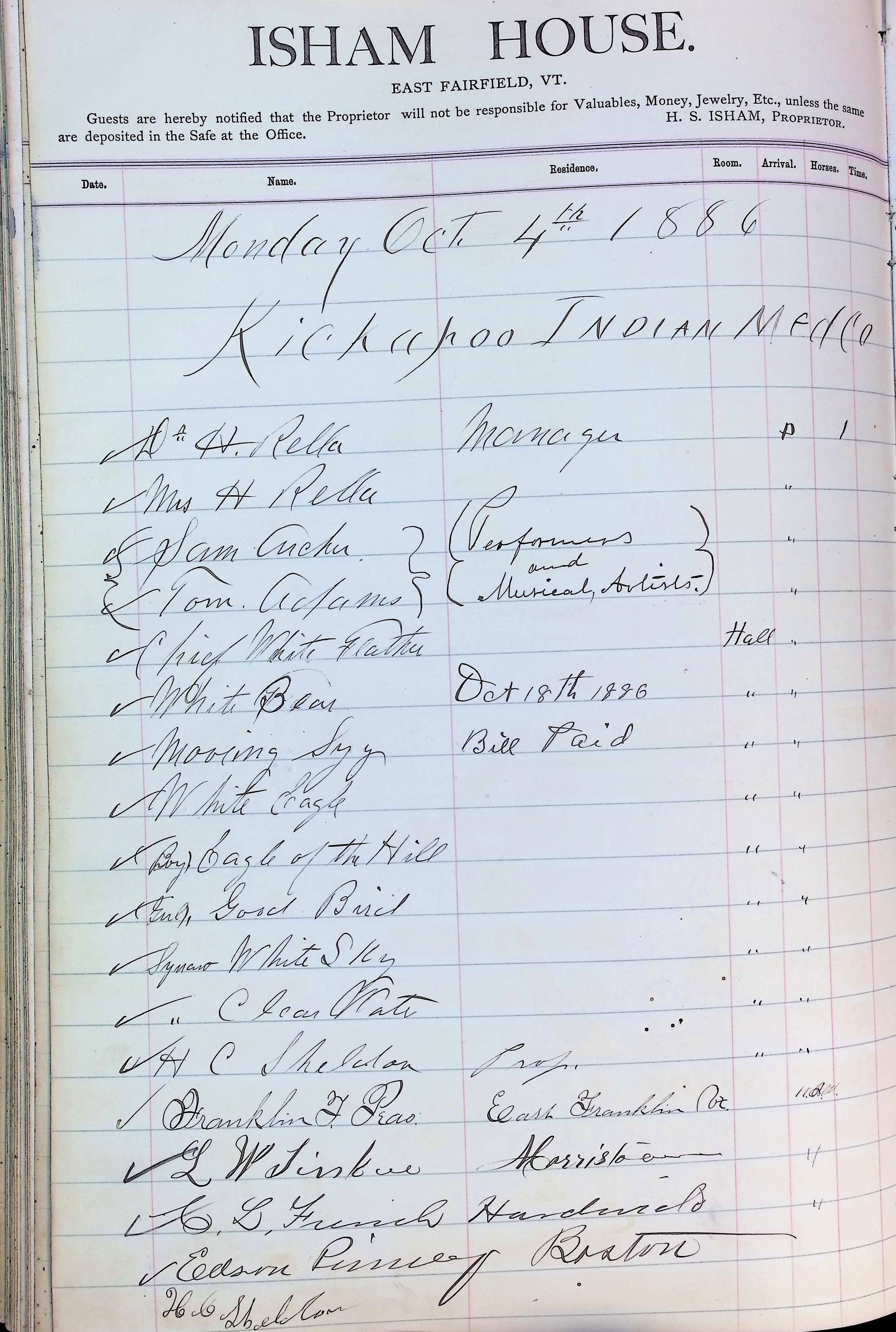 Isham Hotel register Vol. 2, Page 284