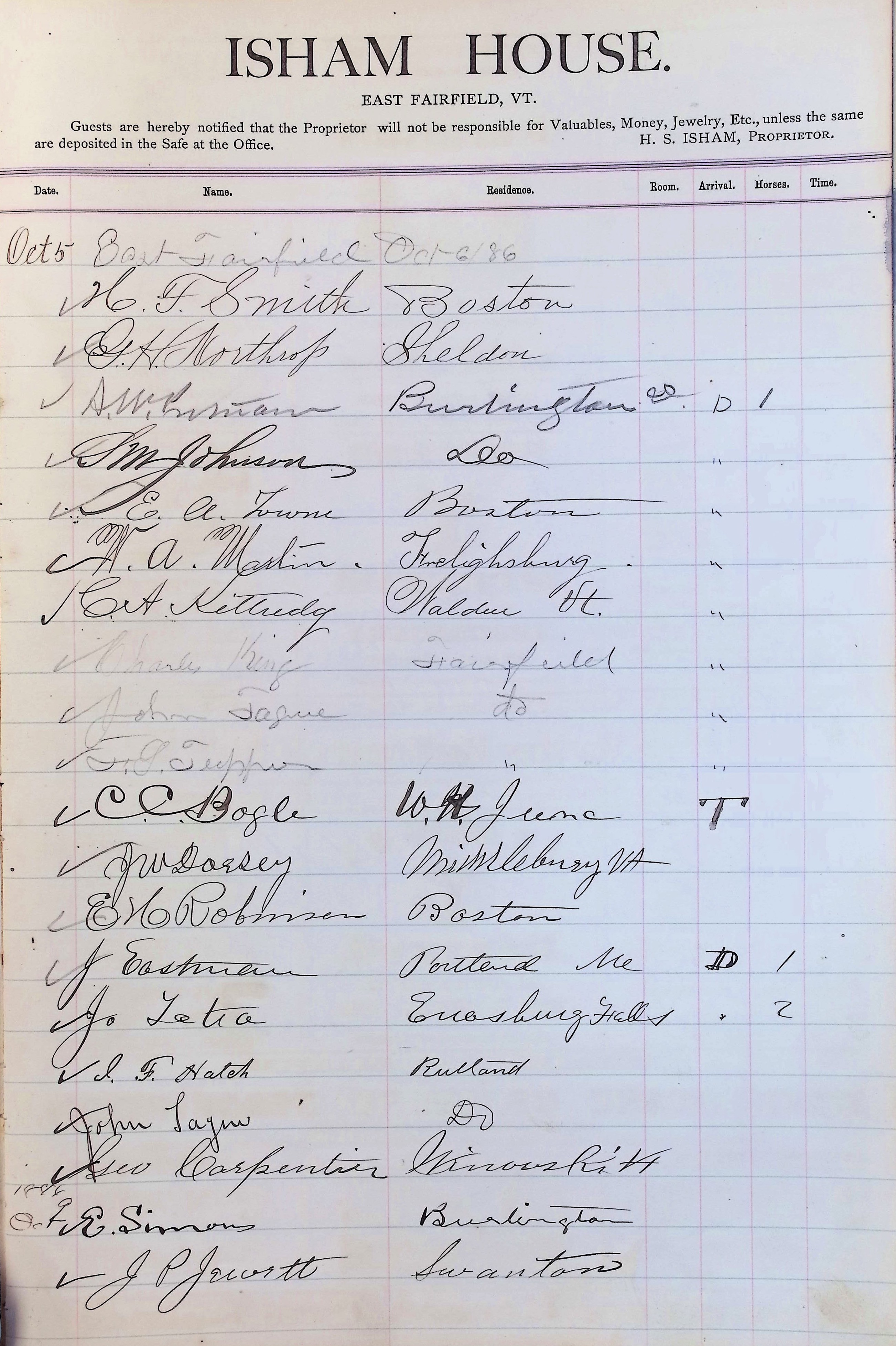 Isham Hotel register Vol. 2, Page 287