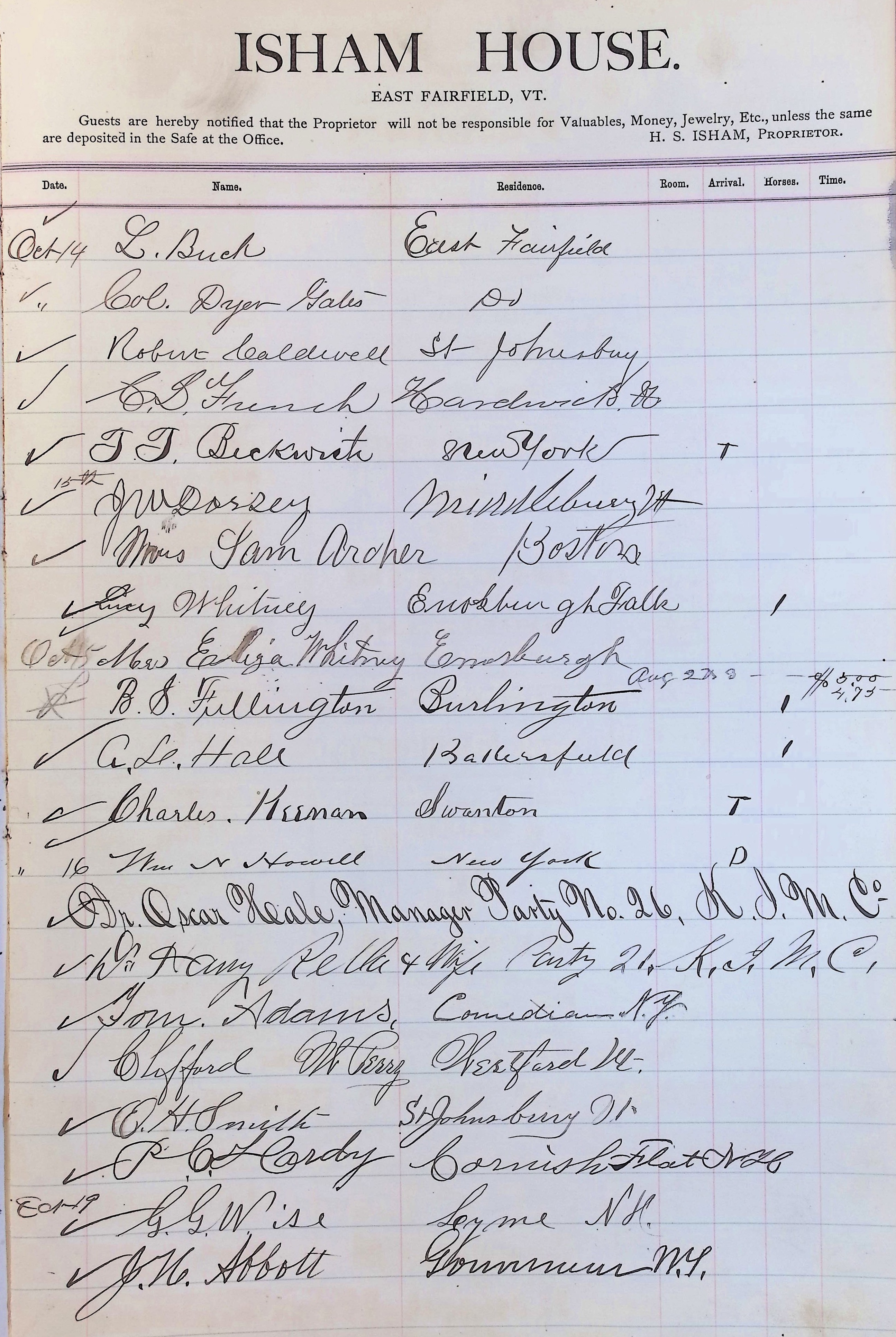 Isham Hotel register Vol. 2, Page 291