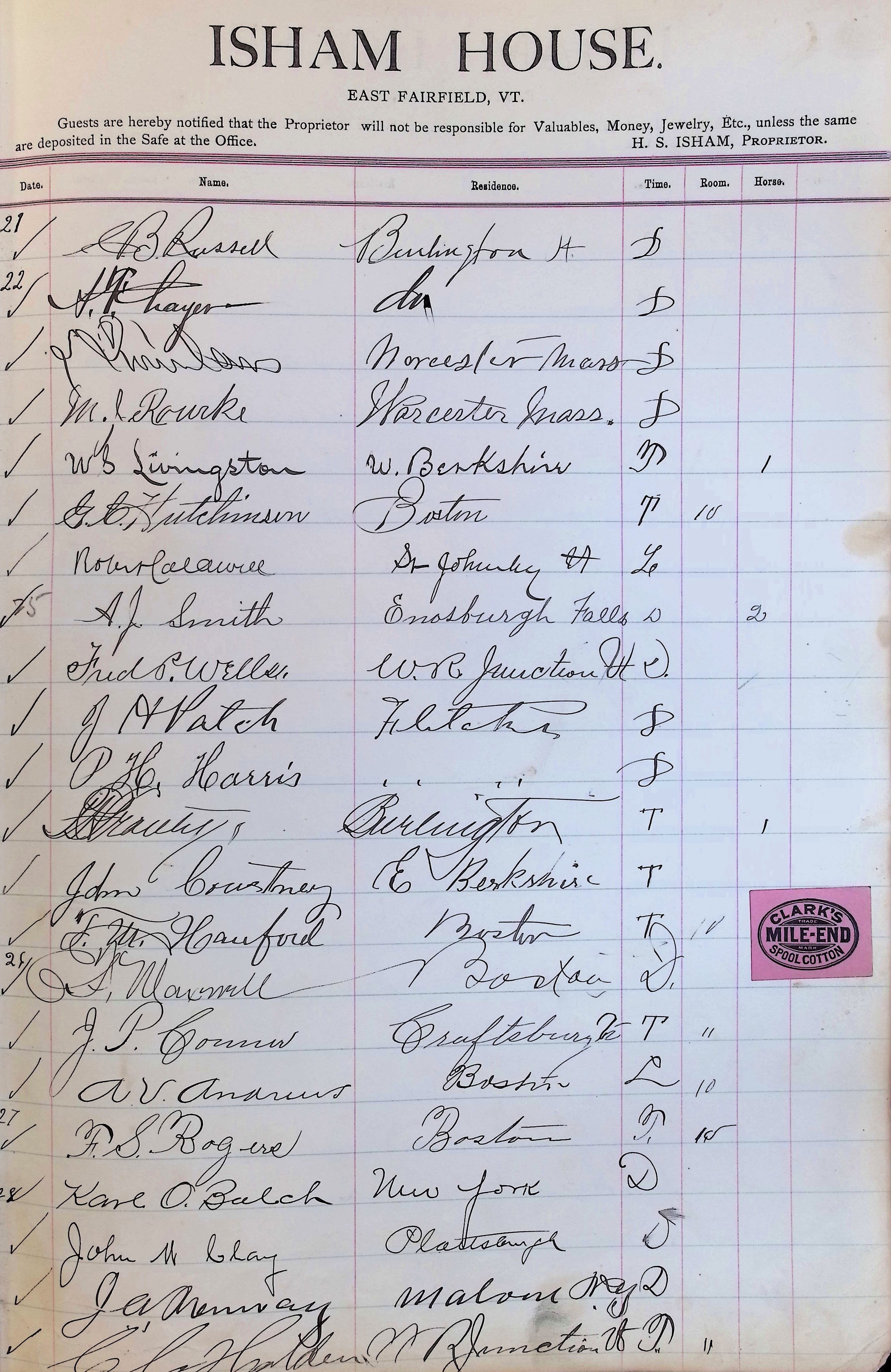 Isham Hotel register Vol. 3, Page 43