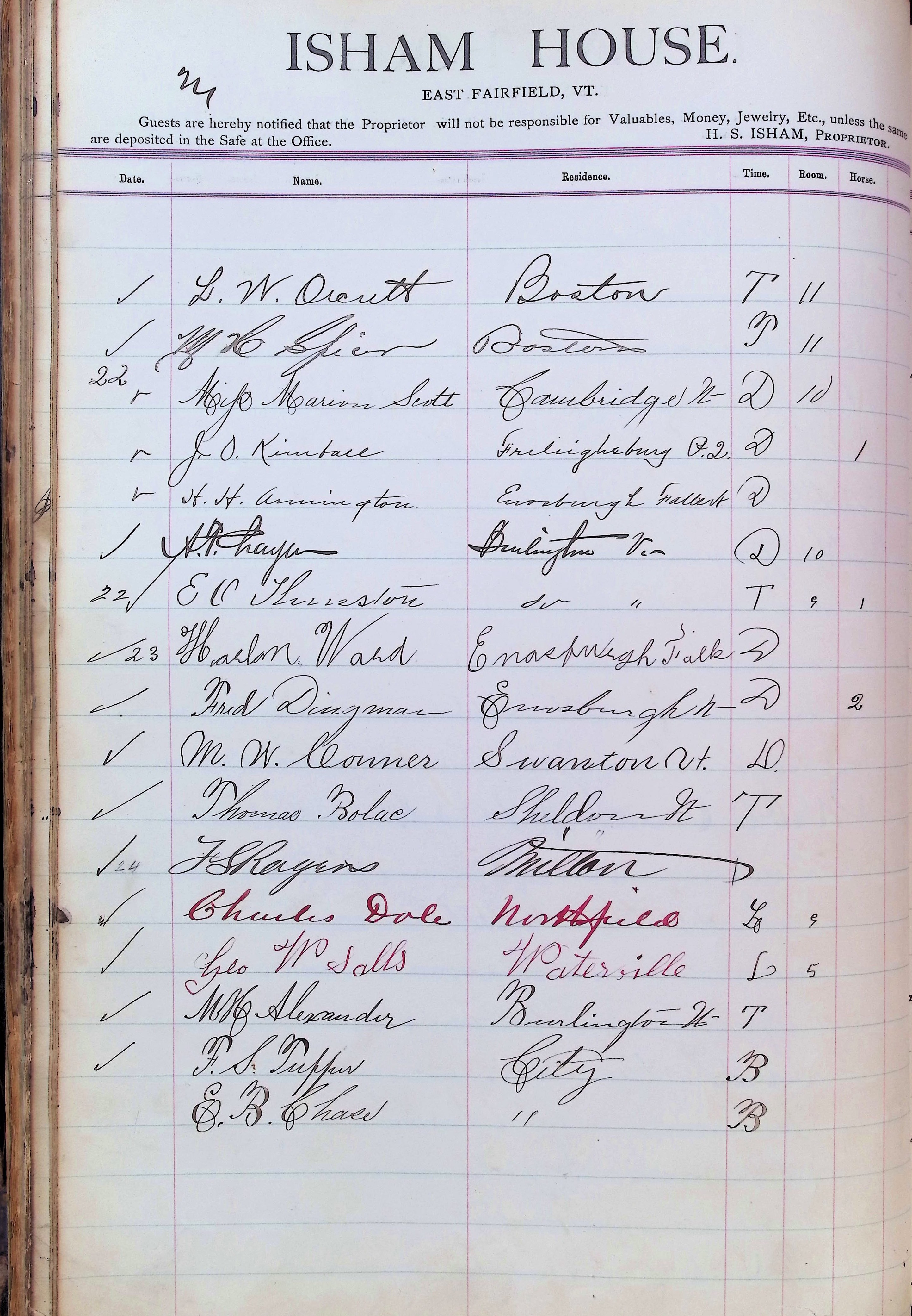 Isham Hotel register Vol. 3, Page 54