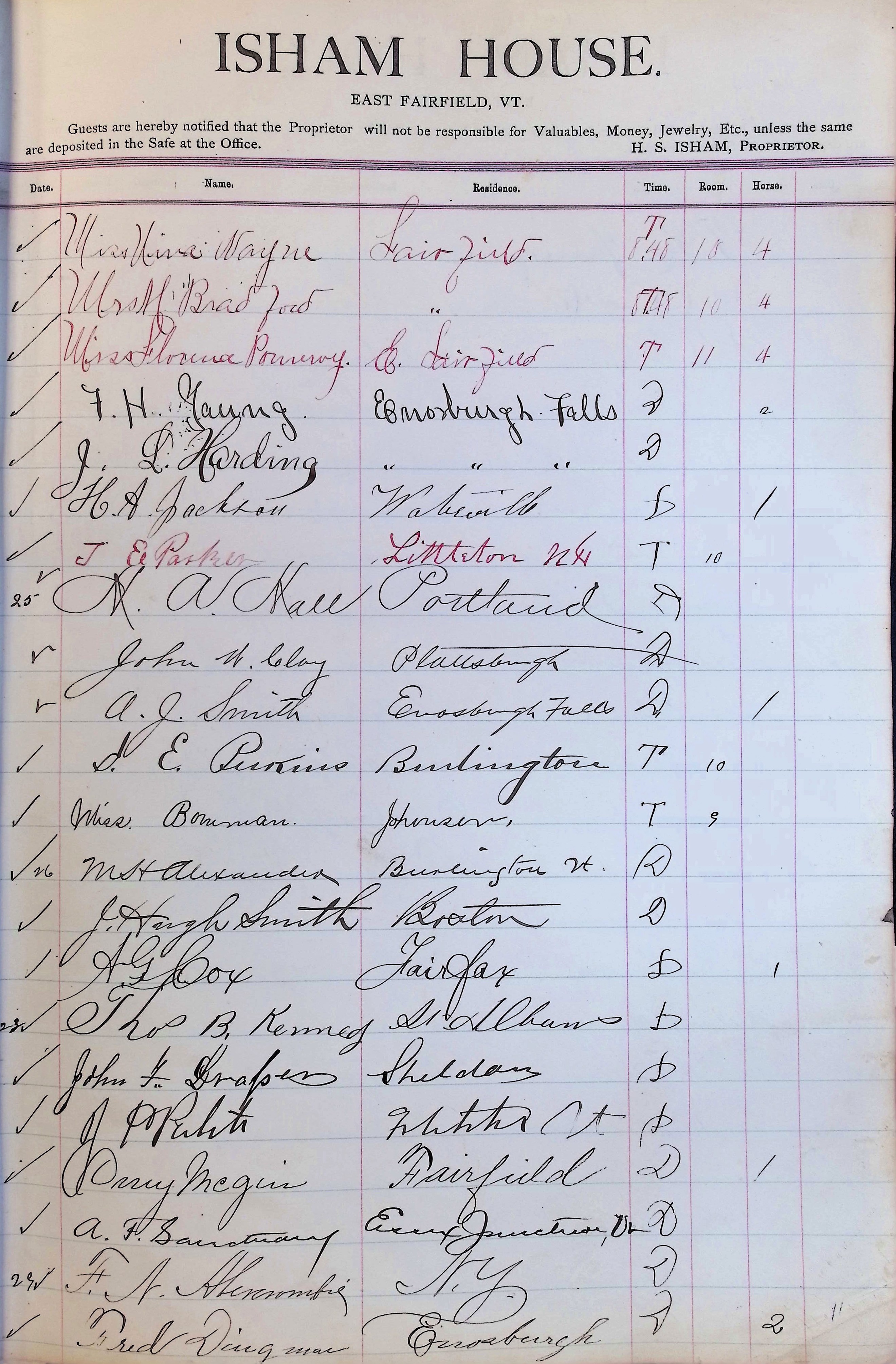 Isham Hotel register Vol. 3, Page 55