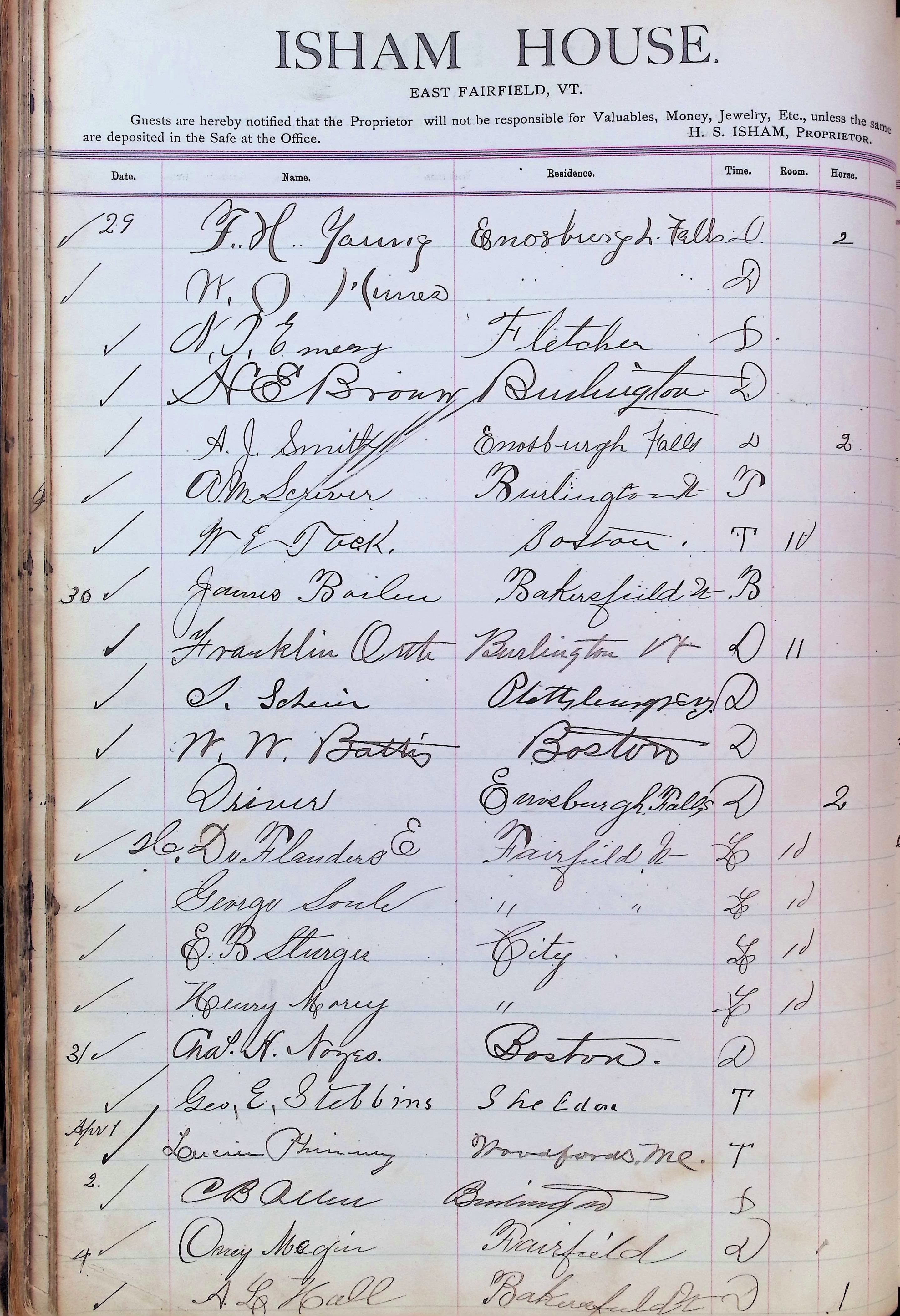Isham Hotel register Vol. 3, Page 56
