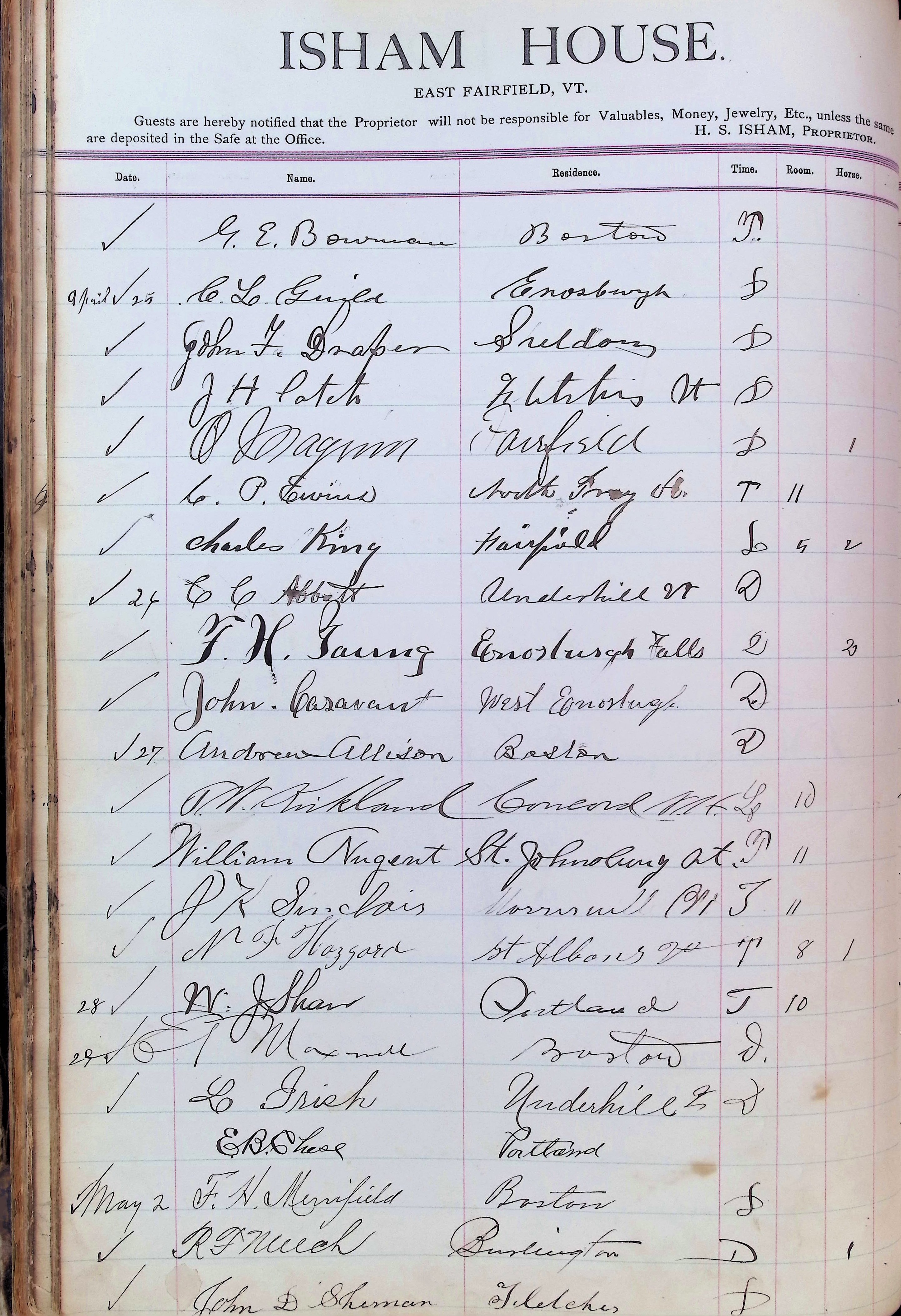 Isham Hotel register Vol. 3, Page 60